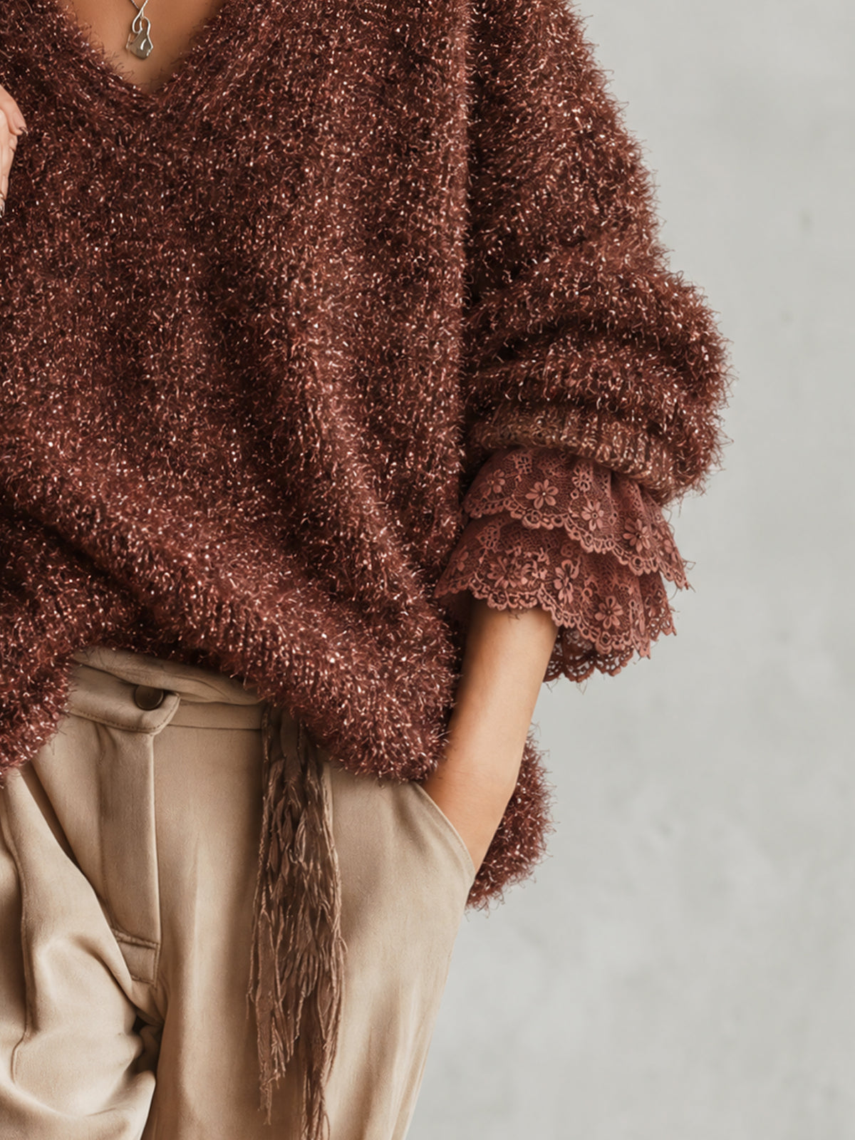 Brown Sparkle Fuzzy Knit Oversized Lace Cuff Sweater