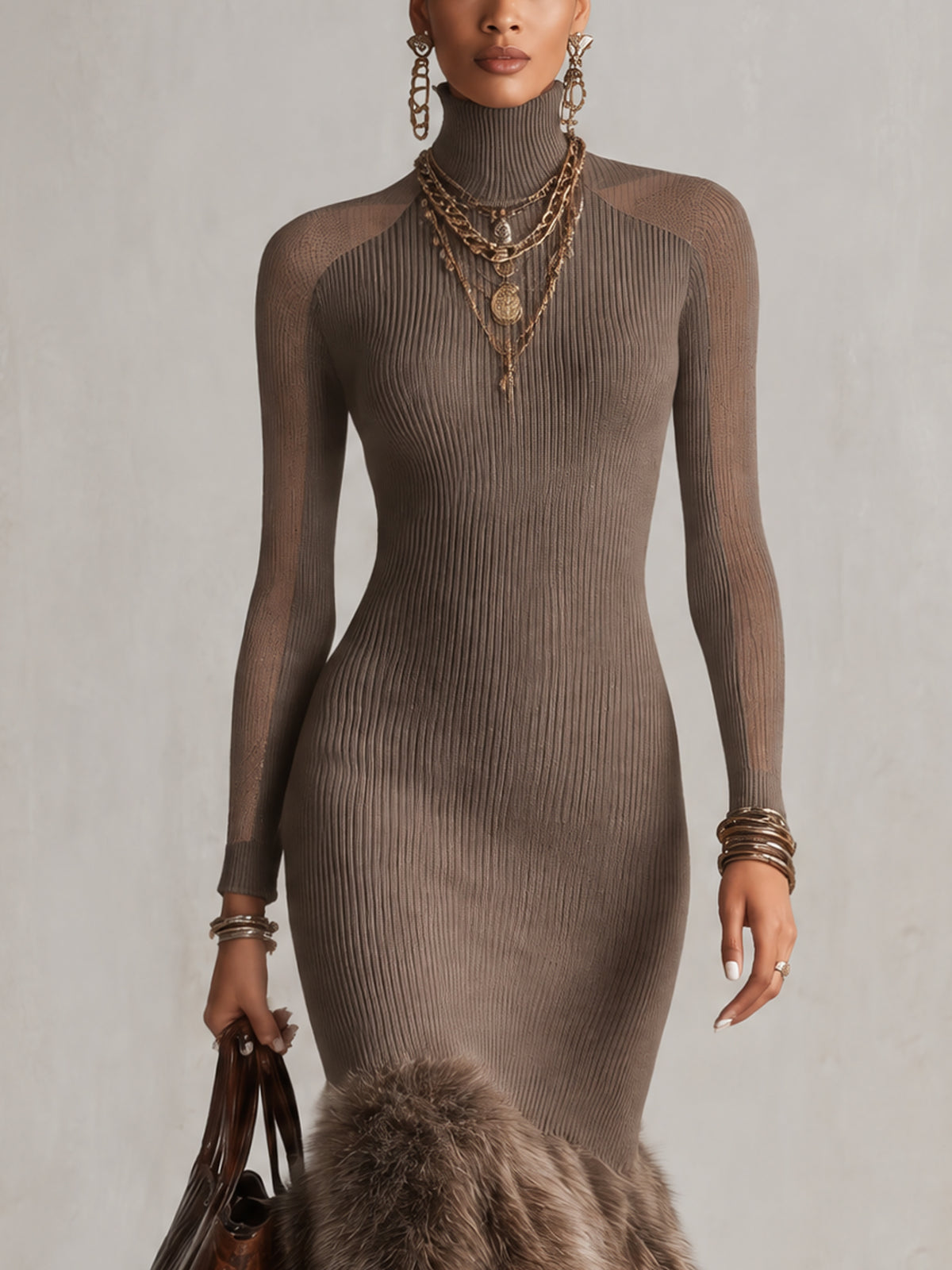 Taupe High Stretch Knit Maxi Dress With Faux Fur Hem