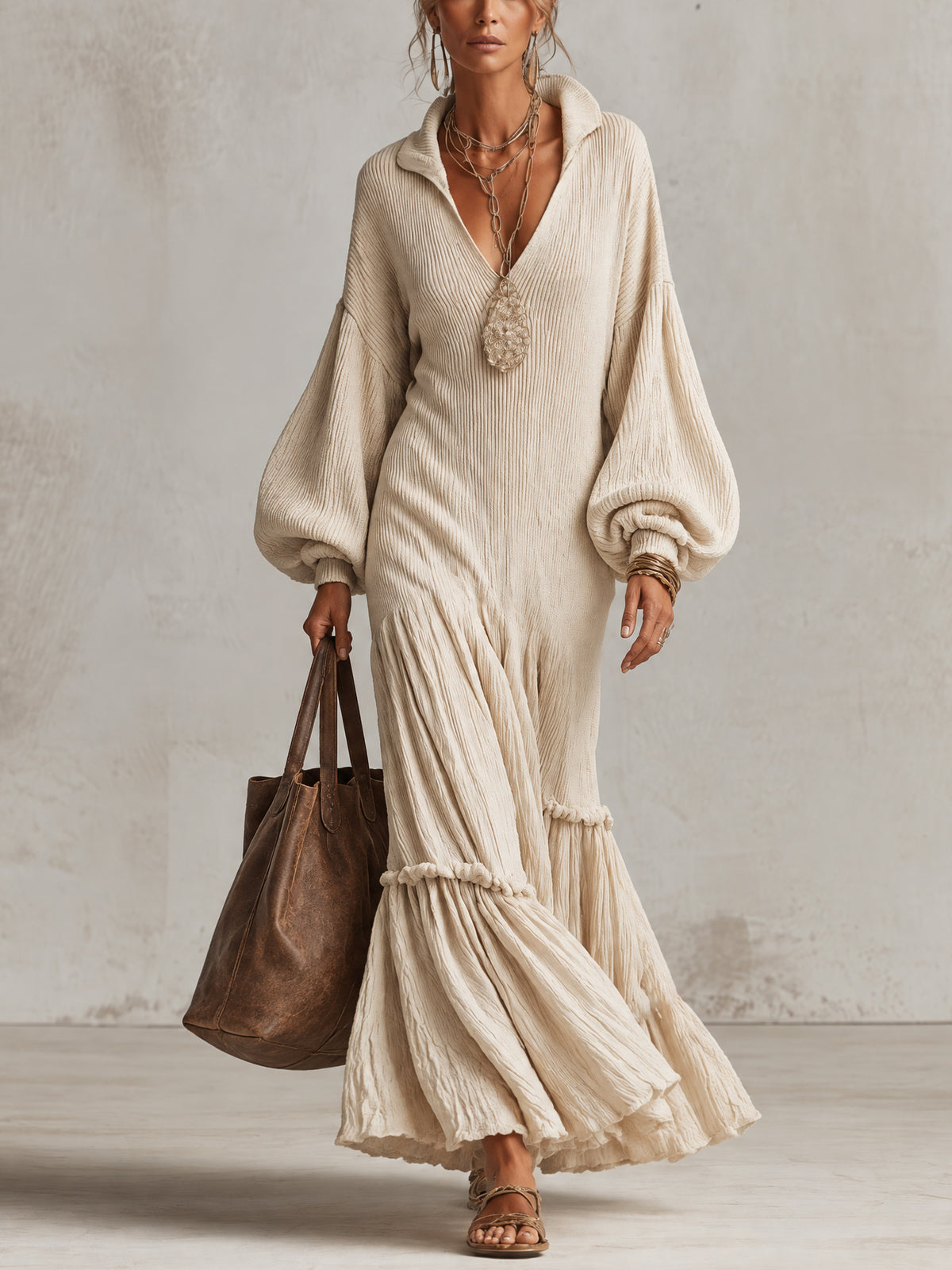 Ivory Ribbed Crinkle Knit Balloon Sleeve Maxi Dress