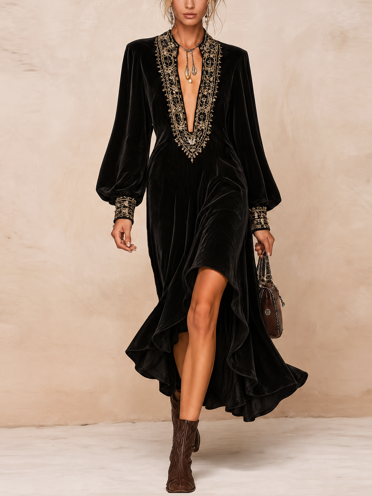 Black Velvet Midi Dress With Gold Embroidered Trim