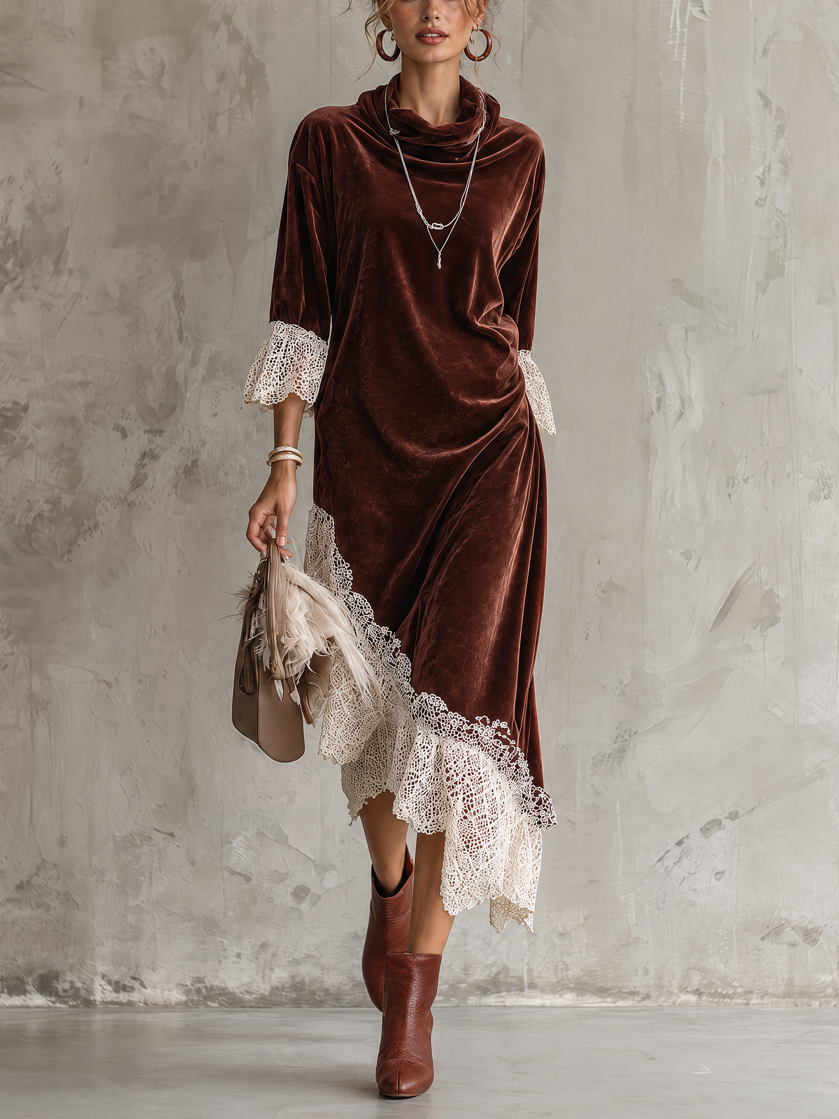 Burgundy Cowl Neck Velvet Midi Dress With Irregular Lace Hem