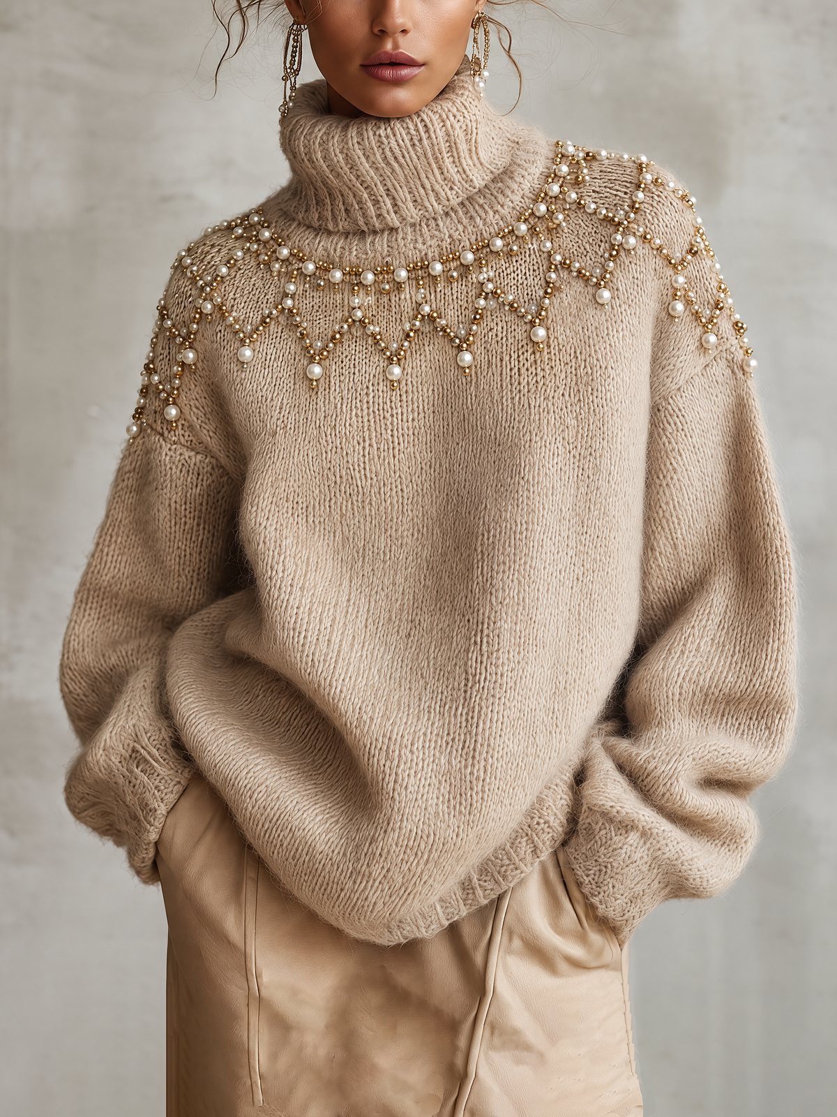 Beige Oversized Turtleneck Sweater With Pearl And Bead Embellishment
