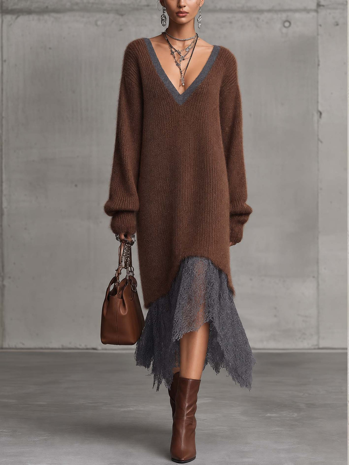 Chocolate Brown Fuzzy Mohair Knit Midi Dress With Contrast Lace Hem