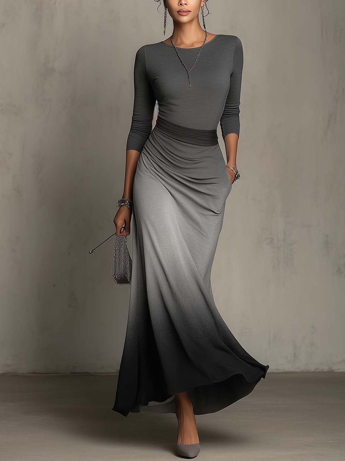 Gradient Gray To Black Patchwork Bodycon Maxi Dress With Ribbed Waist