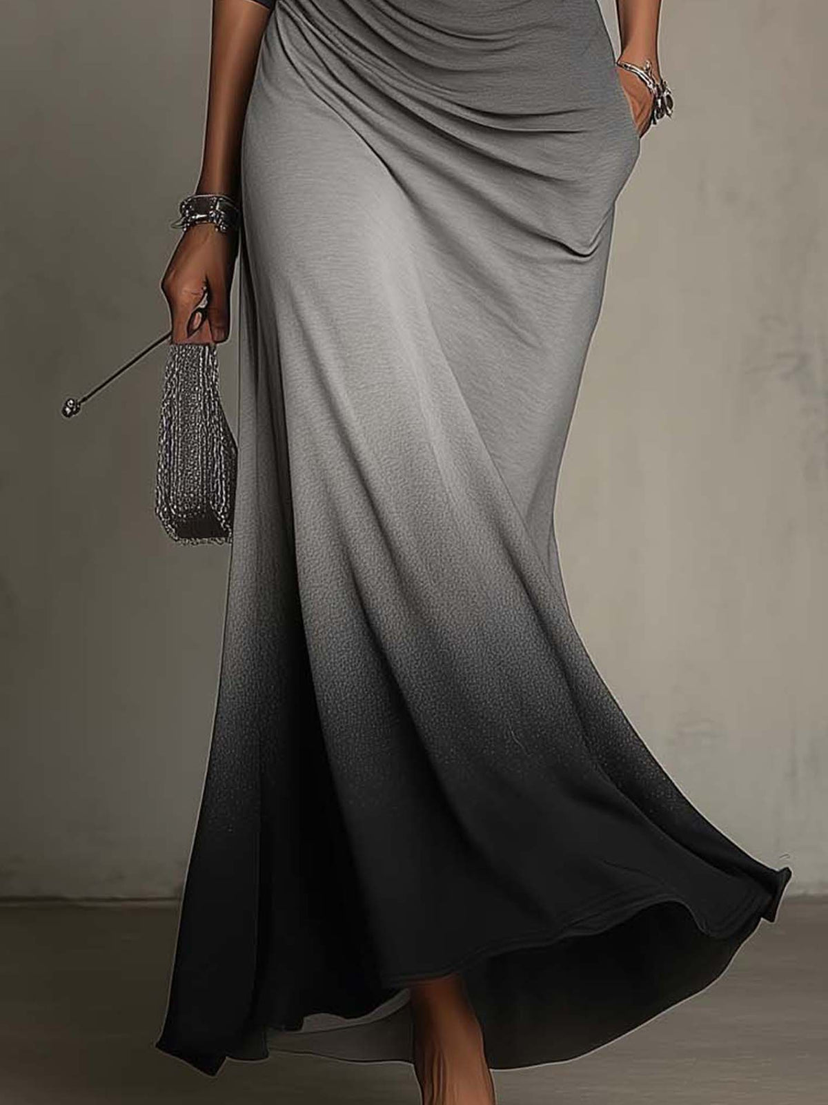 Gradient Gray To Black Patchwork Bodycon Maxi Dress With Ribbed Waist