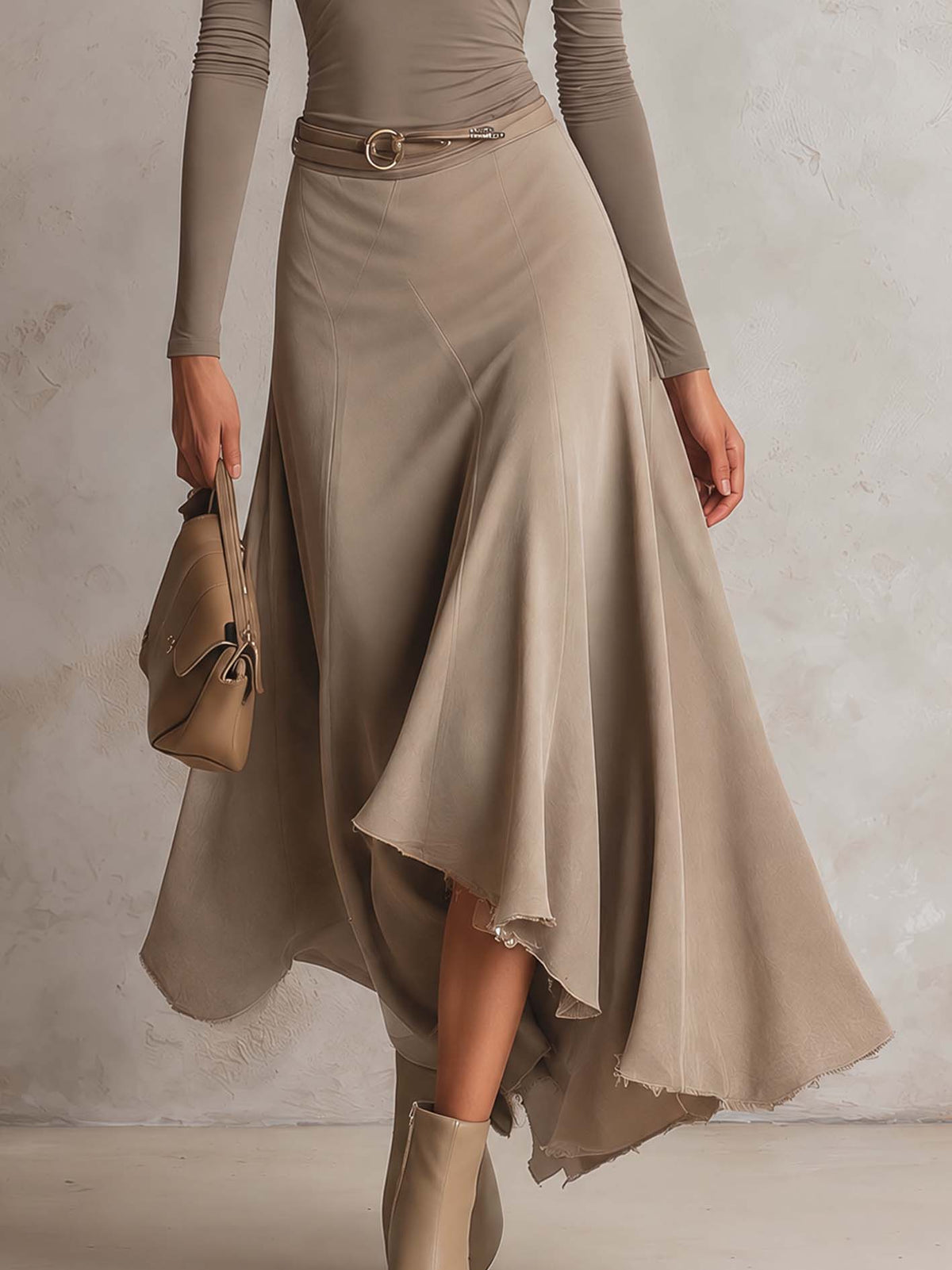 Taupe Half-Zip Fitted Top And Faux Suede Asymmetrical Midi Skirt Set With Belt