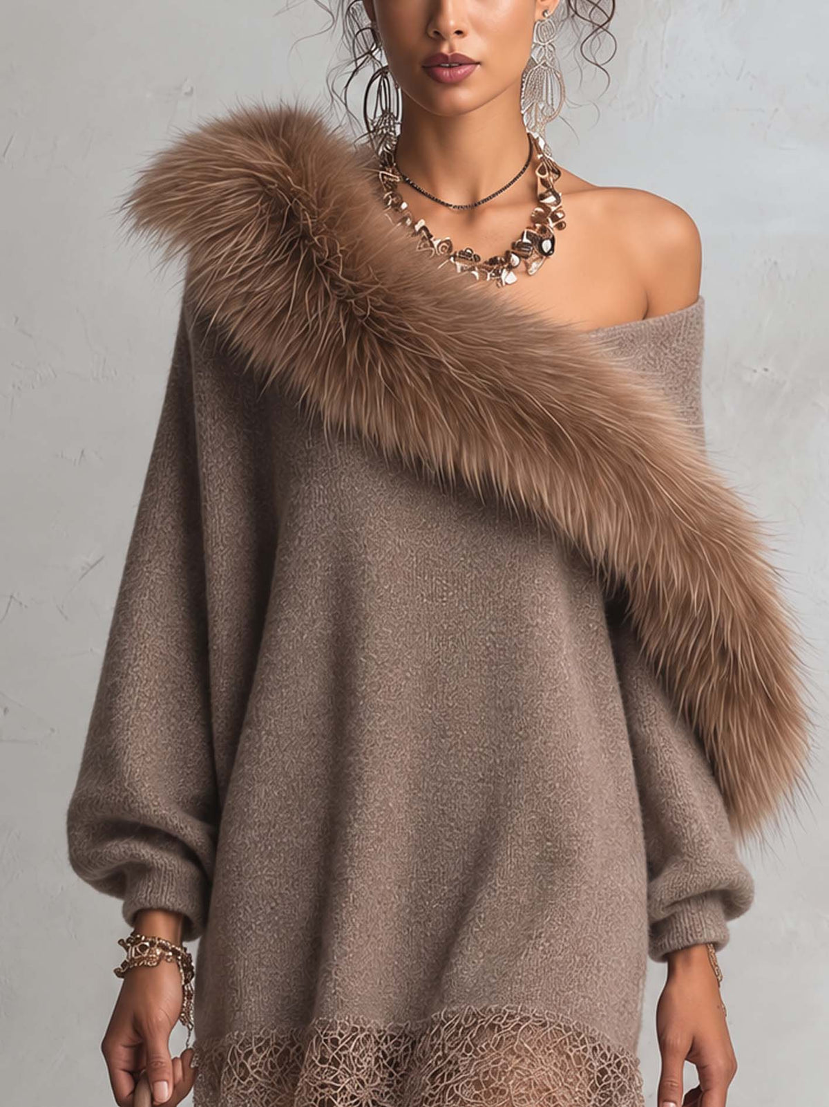 Taupe Knit Mini Sweater Dress Set With Detachable Faux Fur Collar And Lace Hem