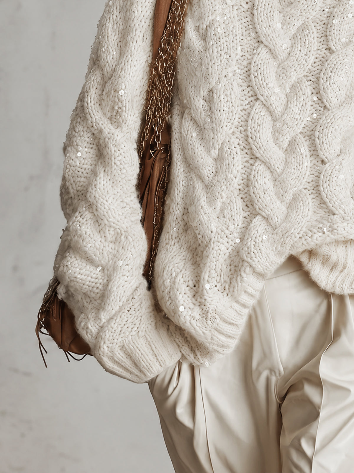 Cream Sequin Cable Knit Oversized Turtleneck Sweater