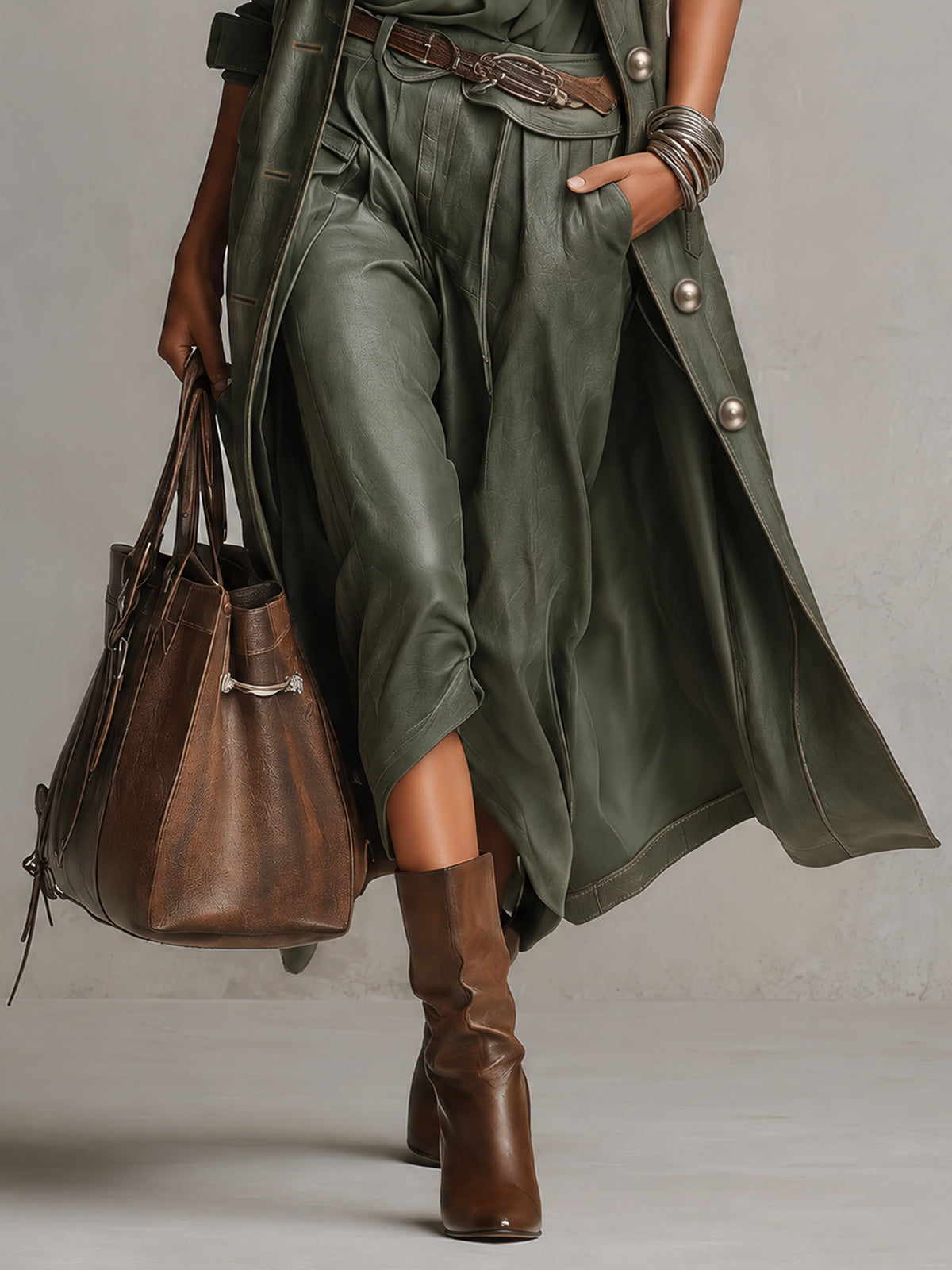Green Single Breasted PU Leather Long Coat