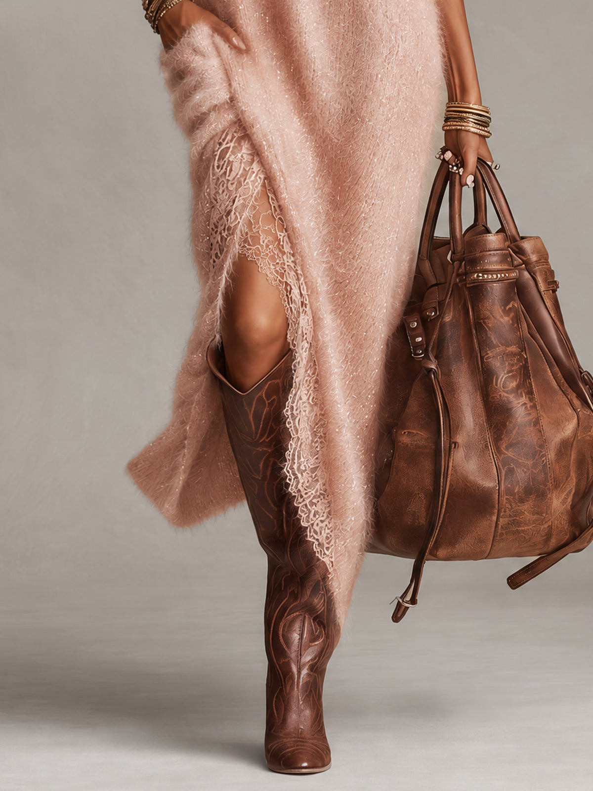 Pink Oversized Shimmer Knit Split Midi Dress