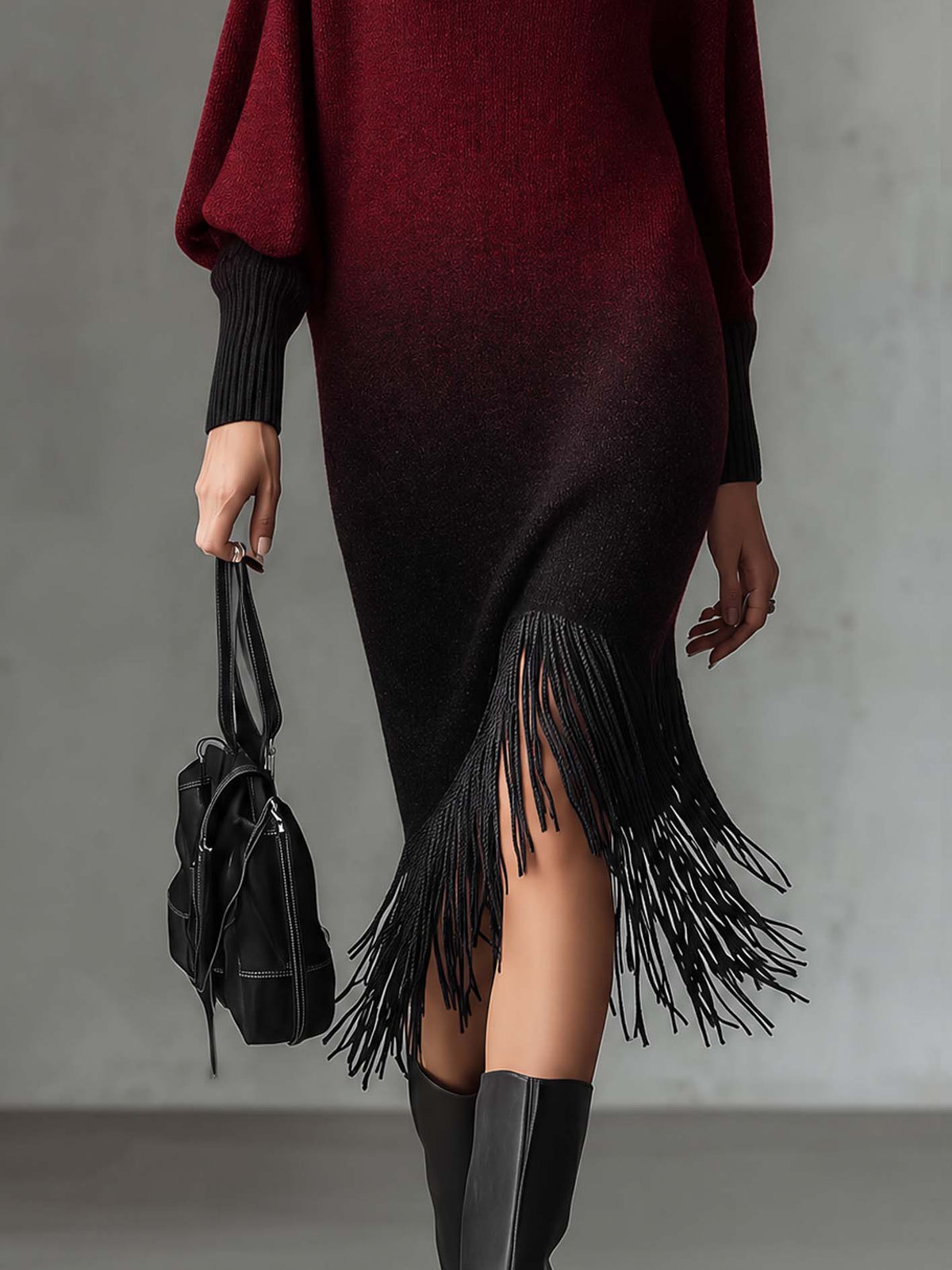 Burgundy Knit Midi Dress With Tassel Fringe Hem And Black Ombre