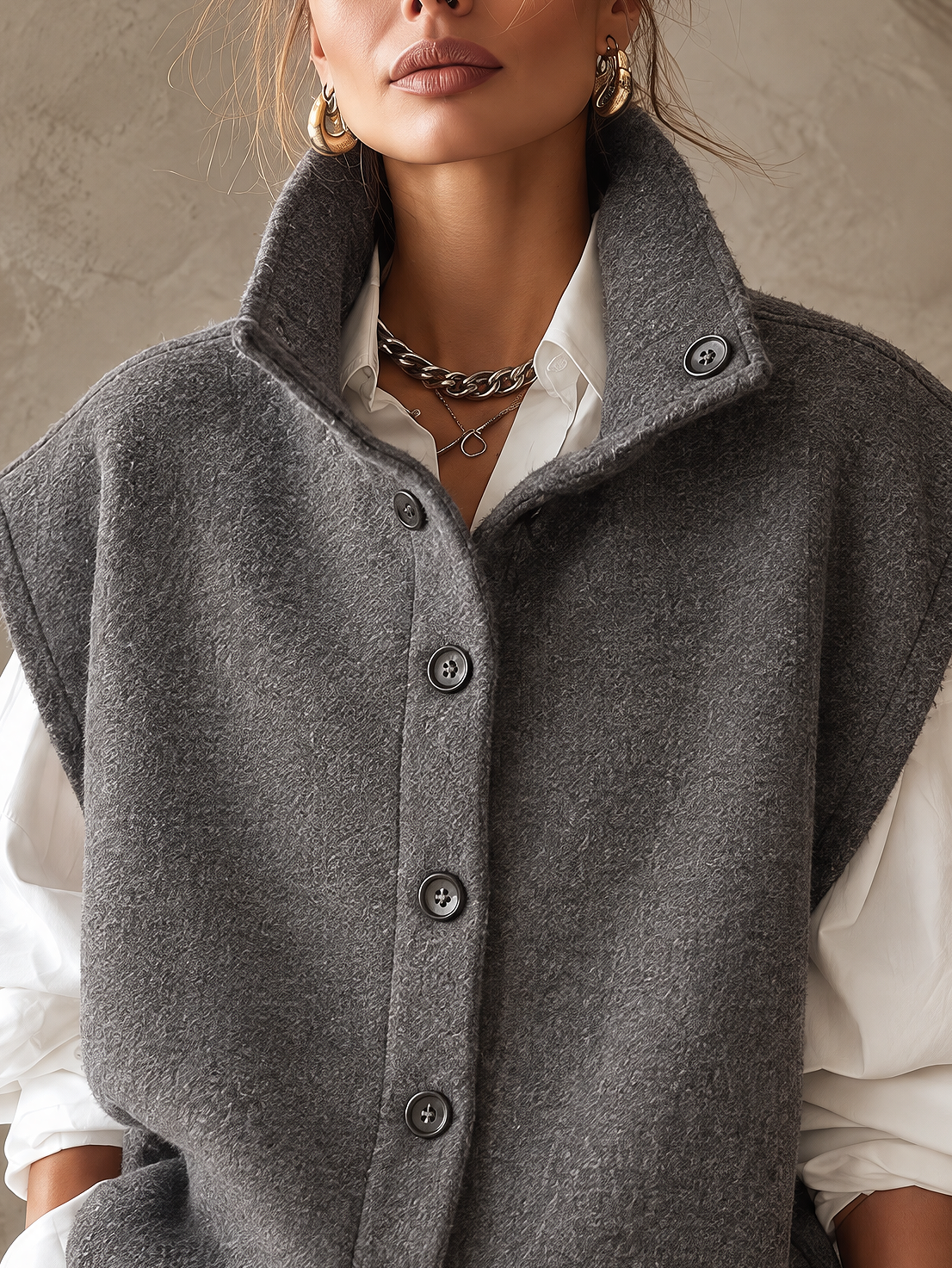 Dark Grey Stand Collar Vest And White Drop Shoulder Shirt Two Piece Set