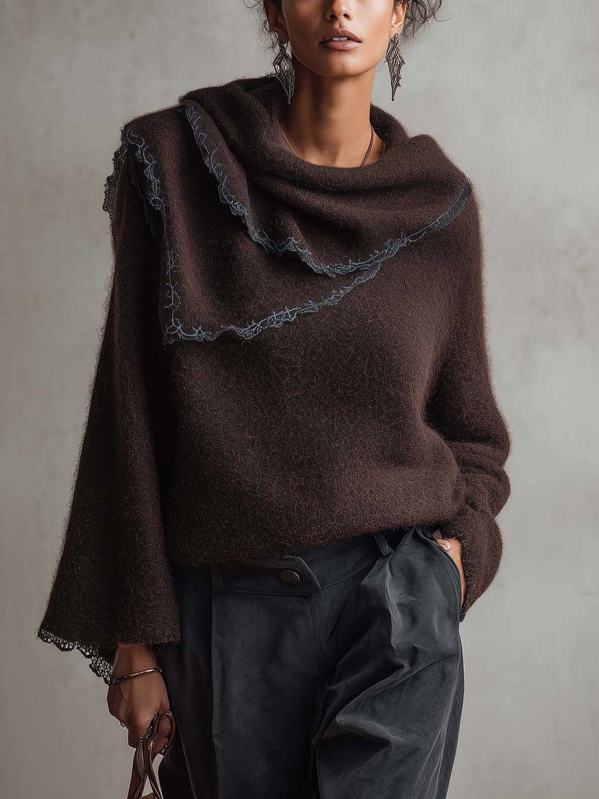Dark Chocolate Mohair Sweater With Draped Scarf Neck And Contrast Lace Trim