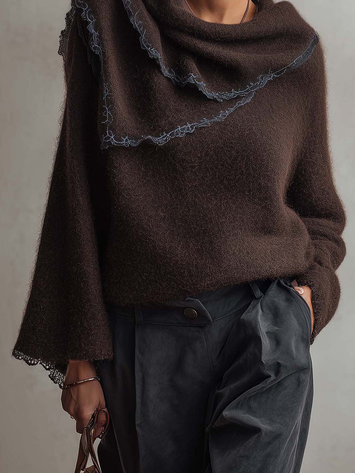 Dark Chocolate Mohair Sweater With Draped Scarf Neck And Contrast Lace Trim
