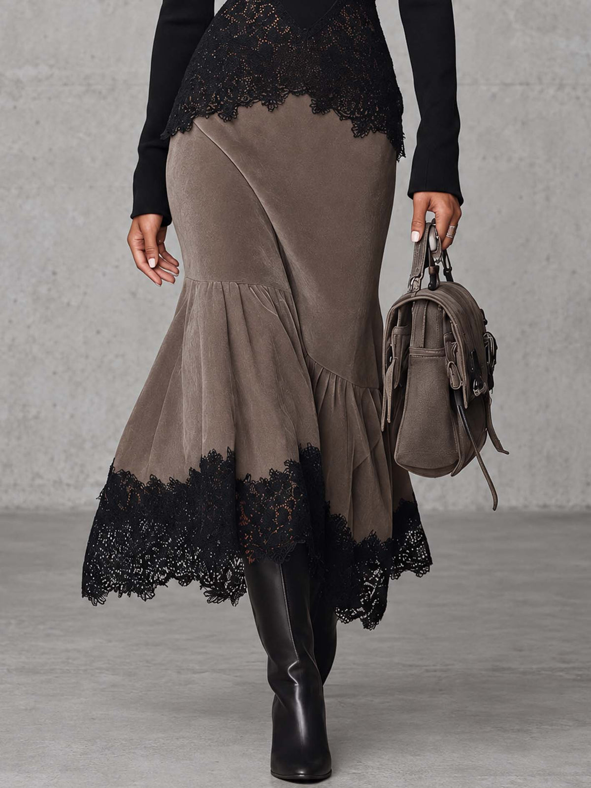 Black Lace Peplum Top And Brown Faux Suede Mermaid Maxi Skirt Set
