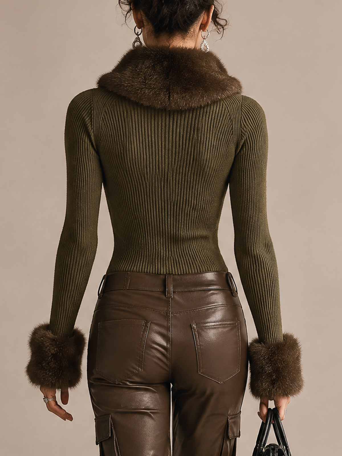 Olive Green Ribbed Knit Faux Fur Collar And Cuffs Top