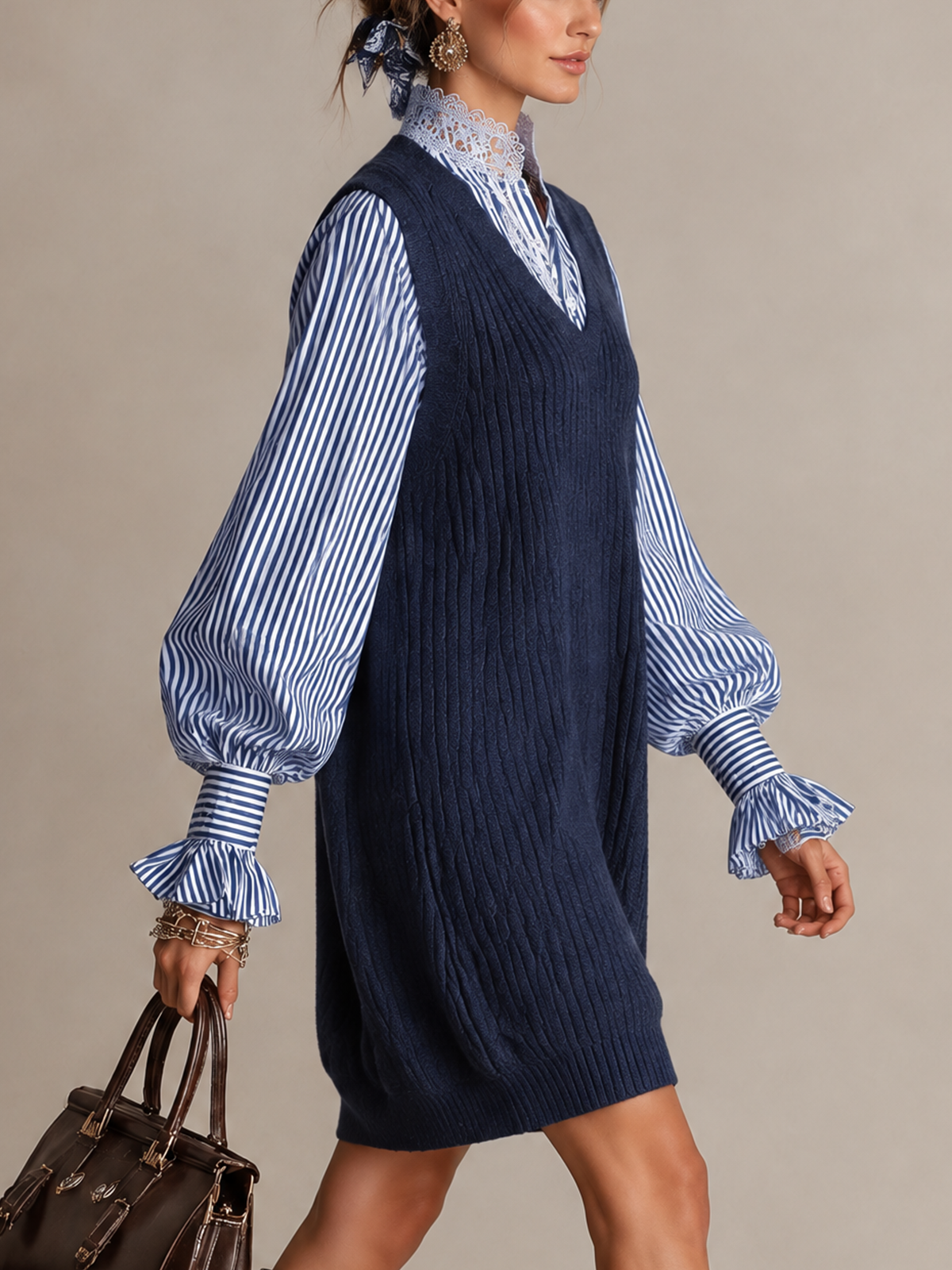 Navy Cable Knit V-Neck Faux Two Piece Striped Balloon Sleeves Mini Dress