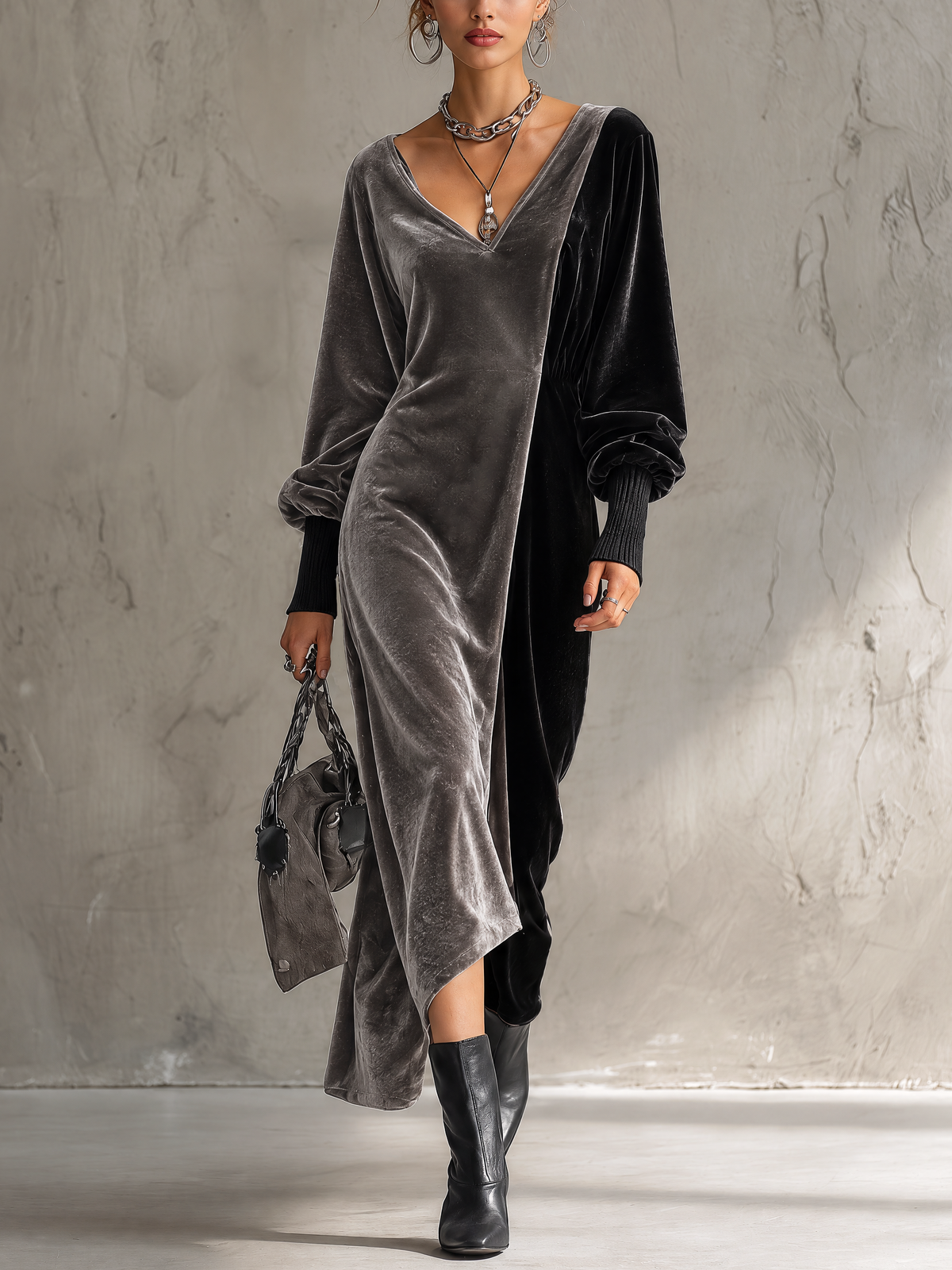 Grey And Black Color Block Velvet V-Neck Maxi Dress