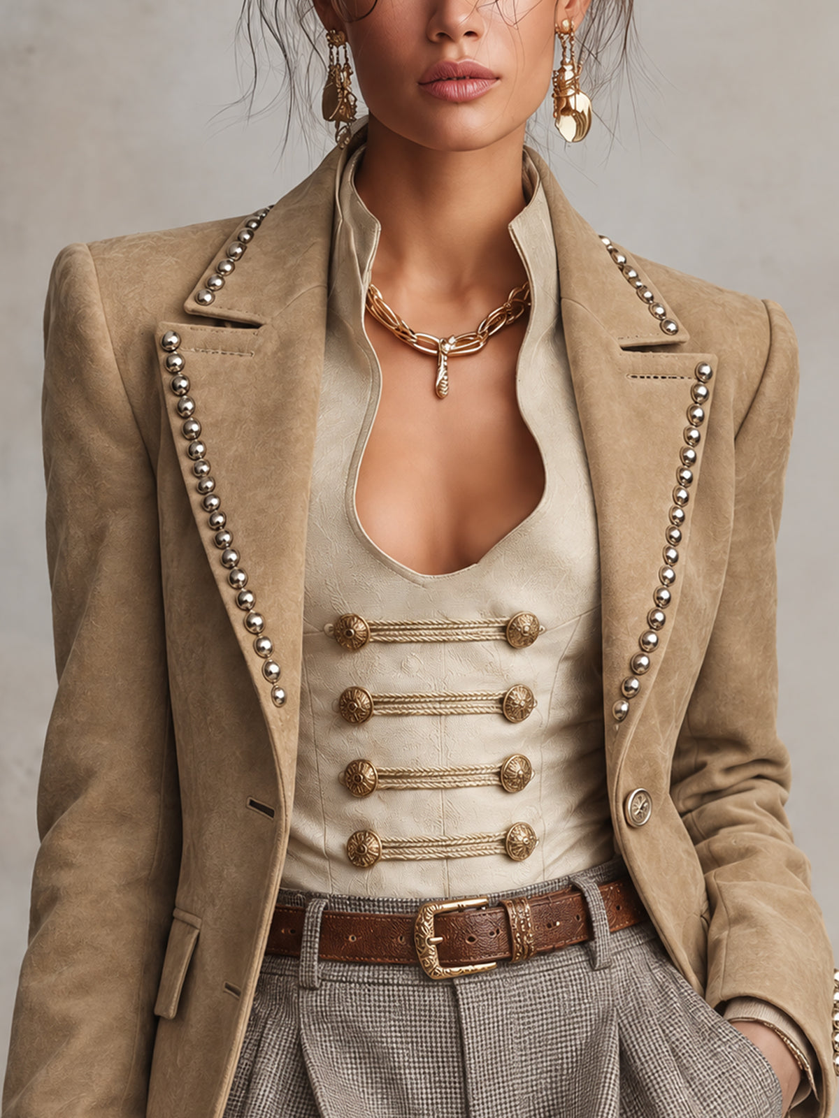 Khaki Faux Suede Studded Nipped Waist Blazer