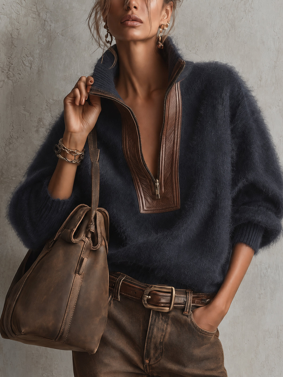 Blue Oversized Mohair Pu Leather Trim Half Zip Sweater