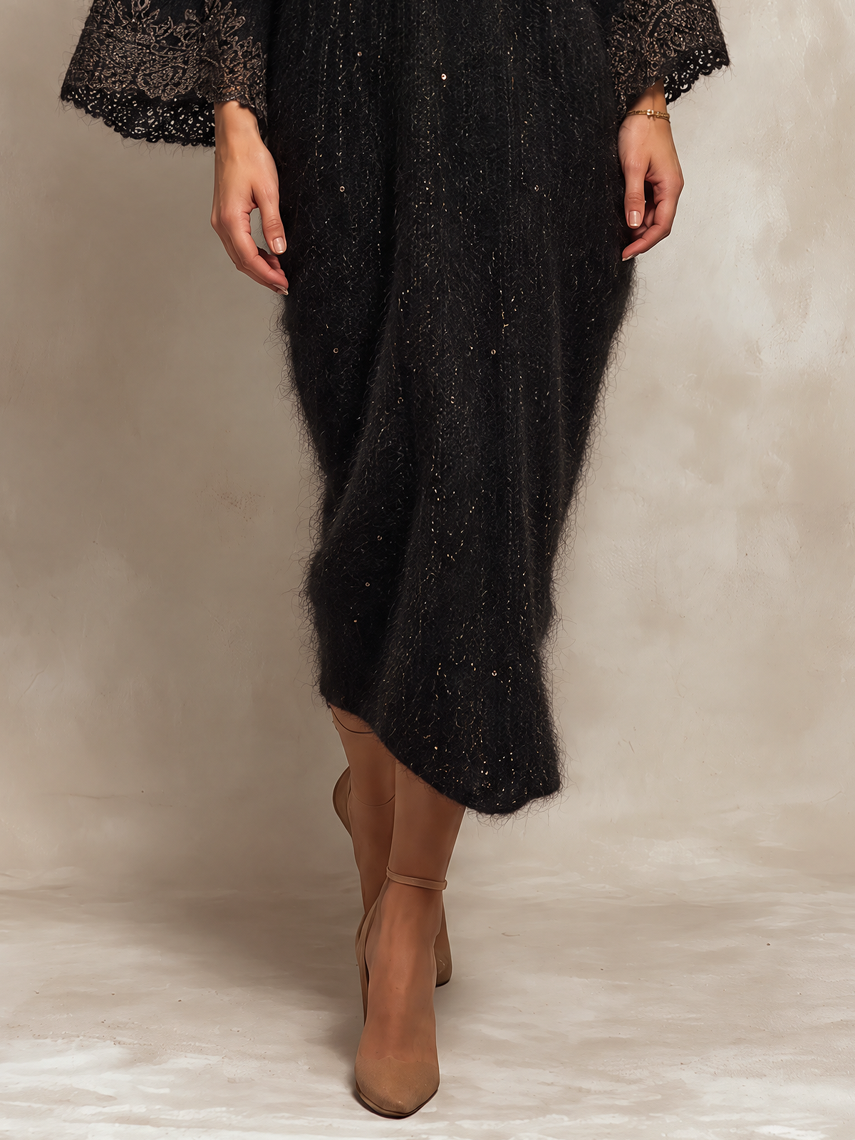 Black Sparkly Mohair Midi Sweater Dress With Brown Lace Trim