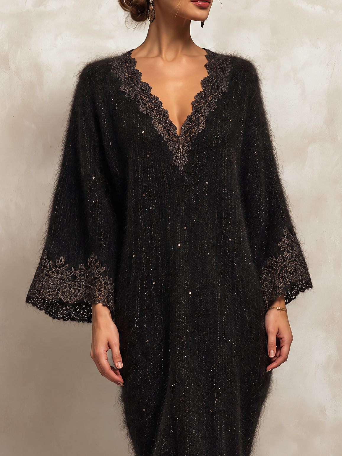 Black Sparkly Mohair Midi Sweater Dress With Brown Lace Trim