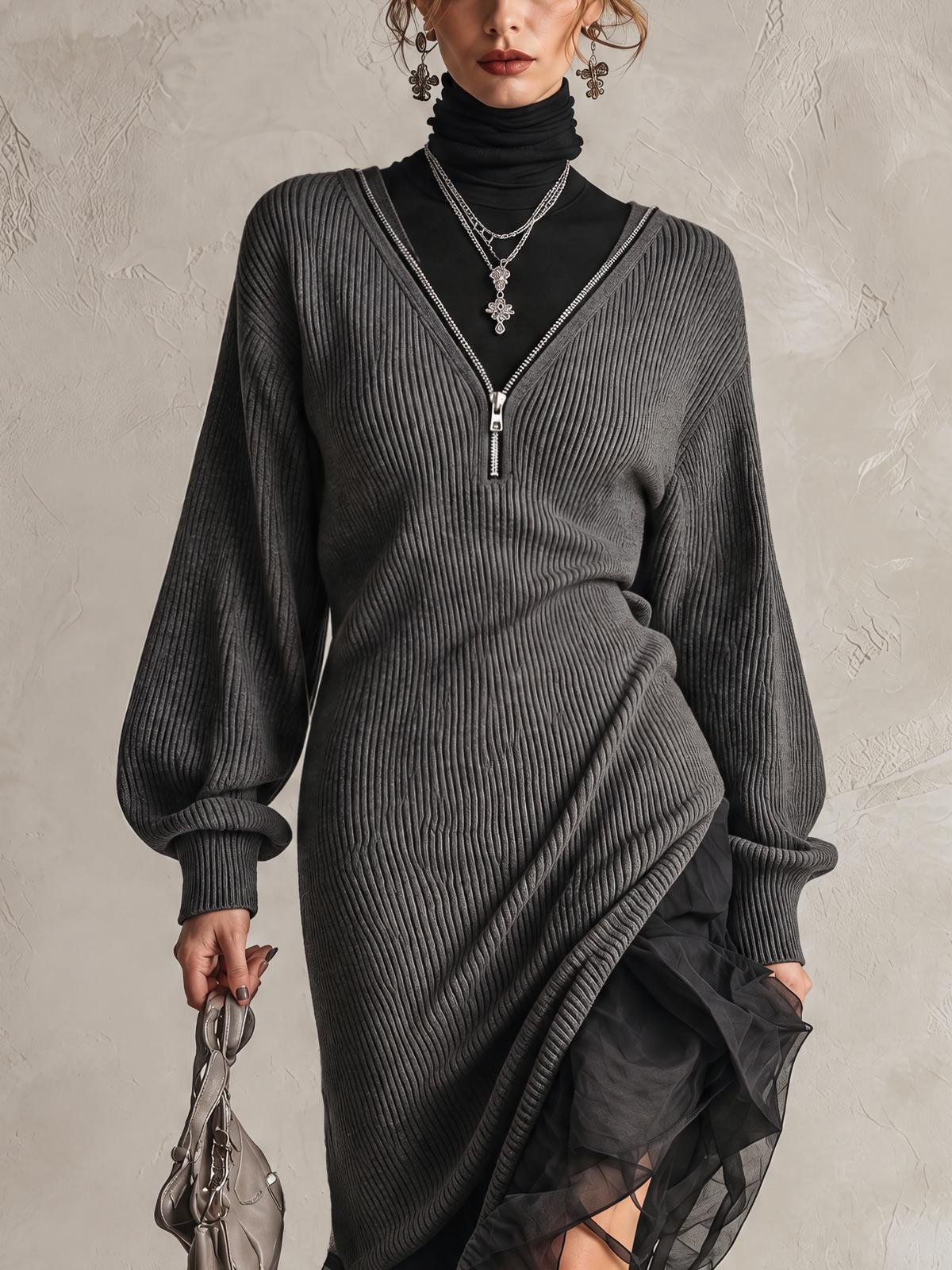 Grey Ribbed Knit Midi Dress With Tulle Asymmetric Hem And Fake Two-Piece Zipper Neck
