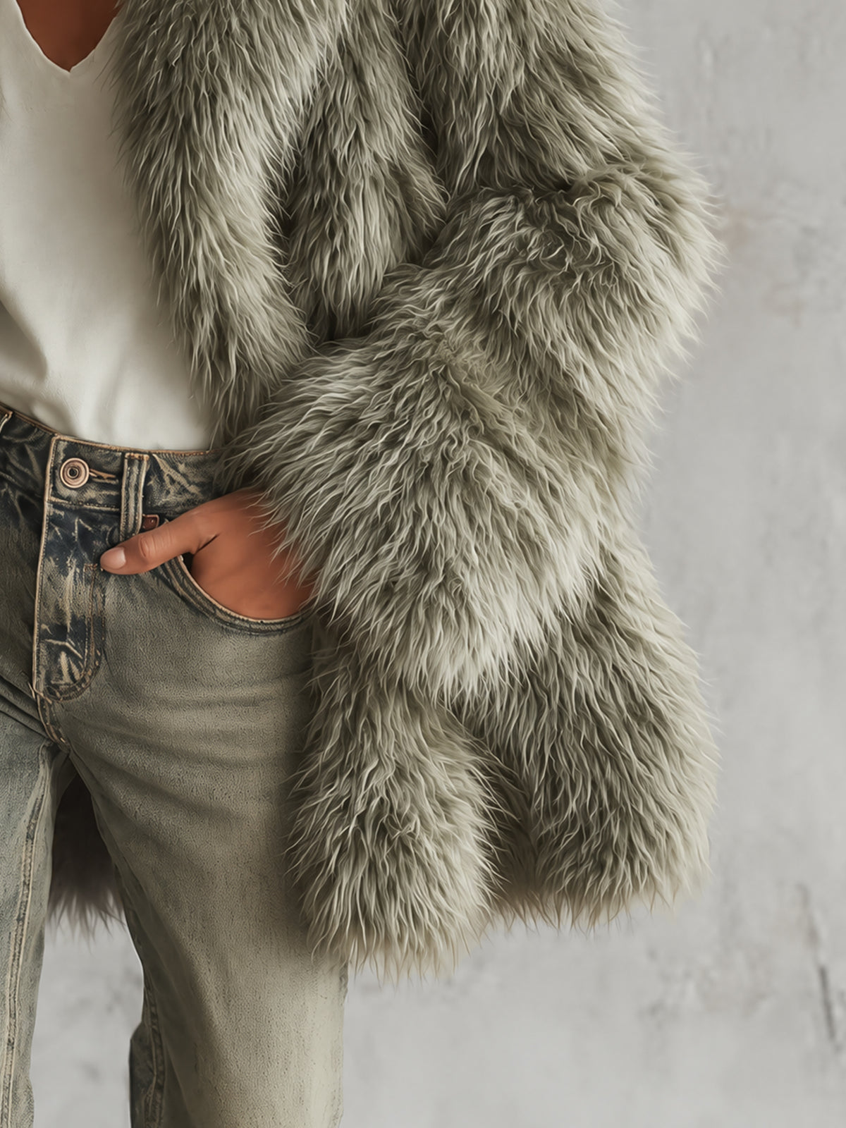 Green Lapel Faux Fur Coat
