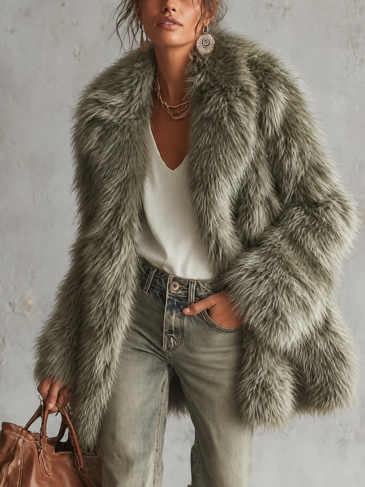 Green Lapel Faux Fur Coat