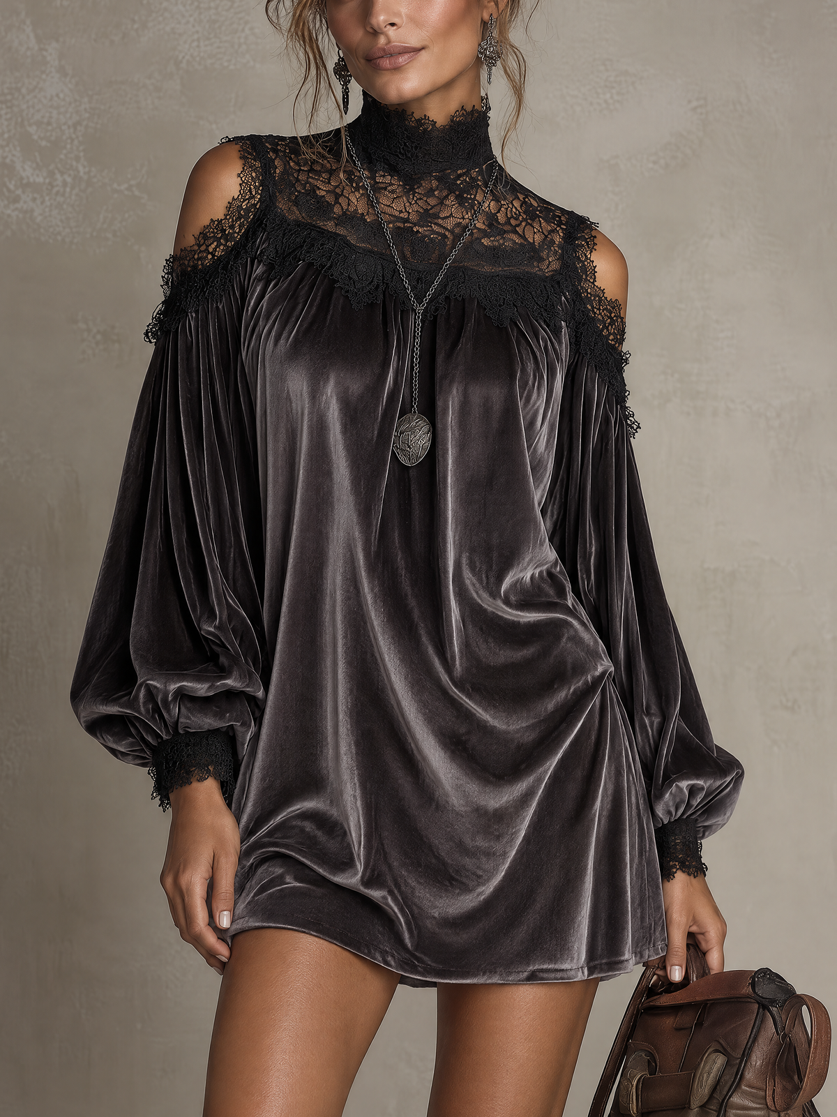 Dark Purple Velvet Cold Shoulder Mini Dress With Lace High Neck