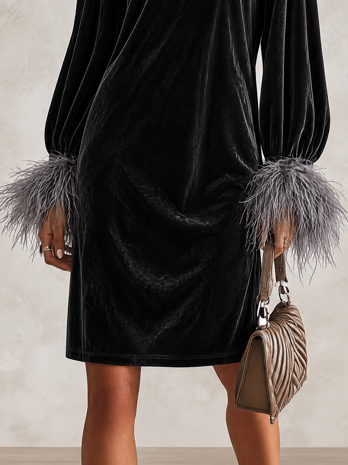 Black Velvet Mini Dress With Grey Feather Trim On V-Neck And Cuffs