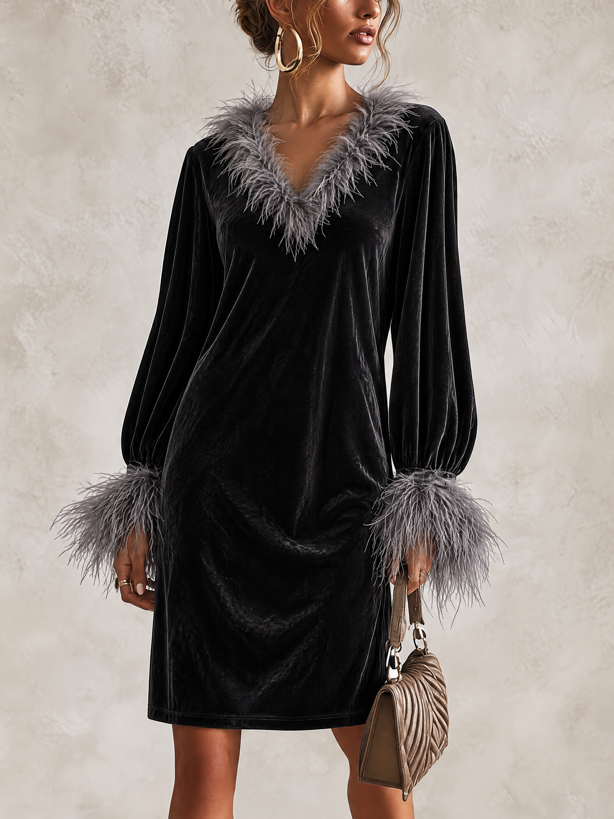Black Velvet Mini Dress With Grey Feather Trim On V-Neck And Cuffs