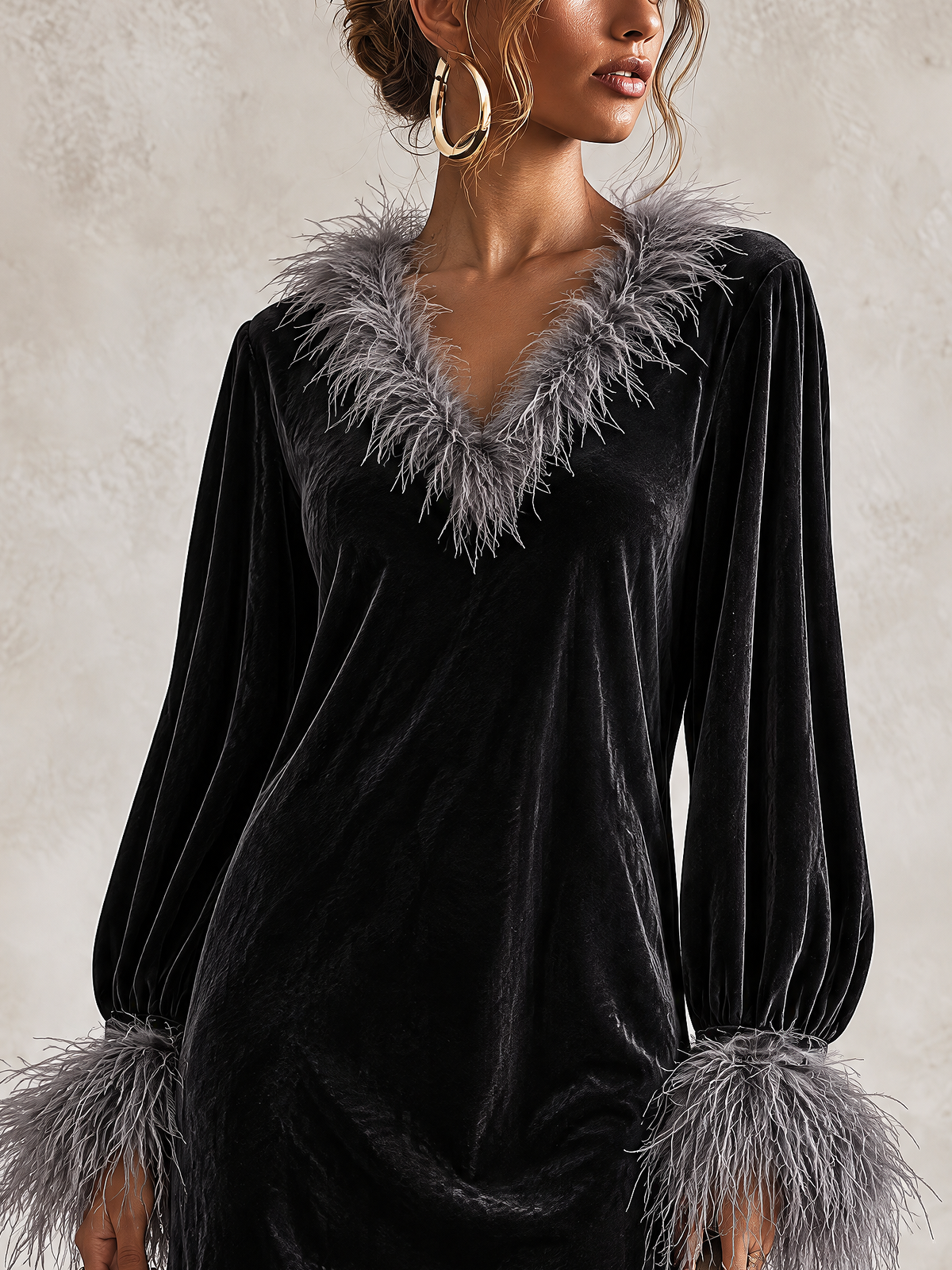 Black Velvet Mini Dress With Grey Feather Trim On V-Neck And Cuffs