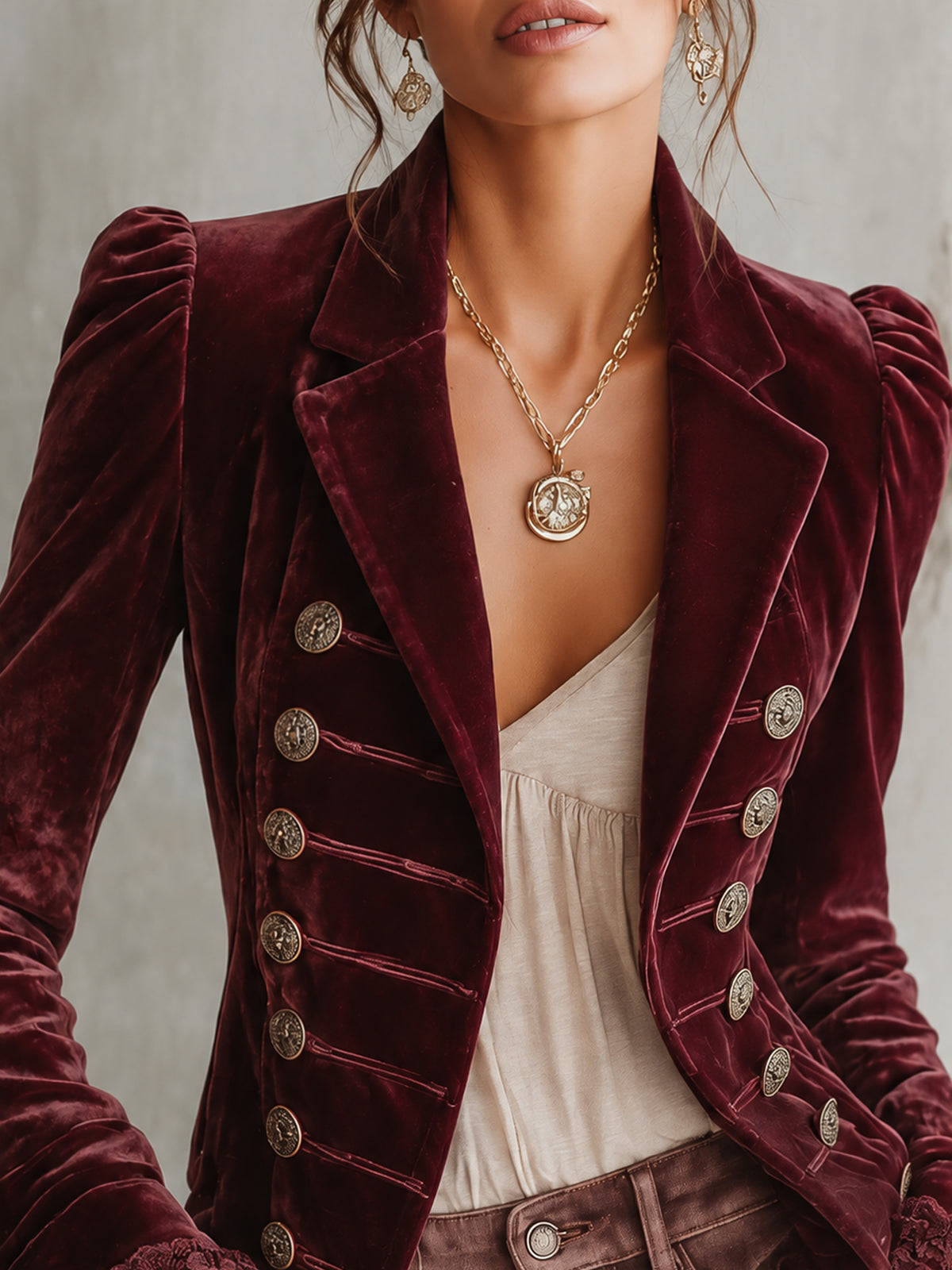 Burgundy Velvet Napoleon Military Button Lace Cuff Jacket