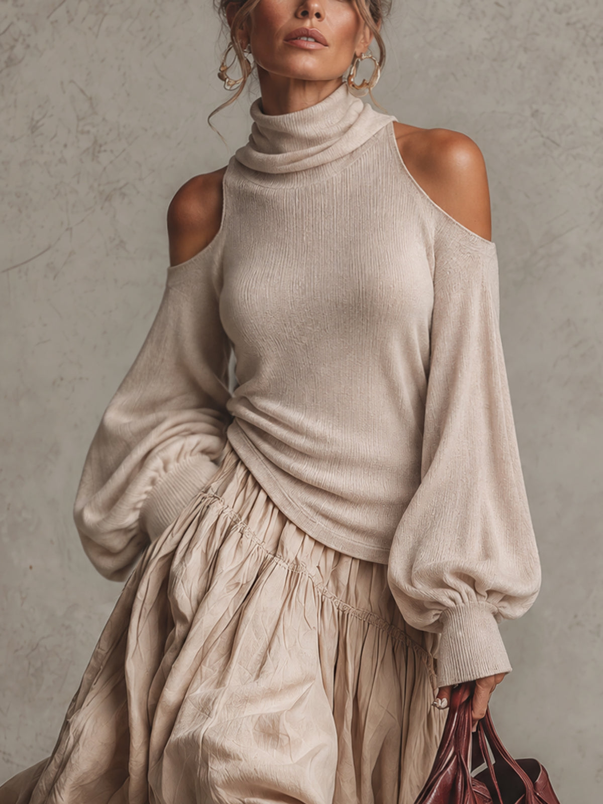 Beige Cold Shoulder Turtleneck Knit Top And Cotton Linen Lace Hem Skirt Set
