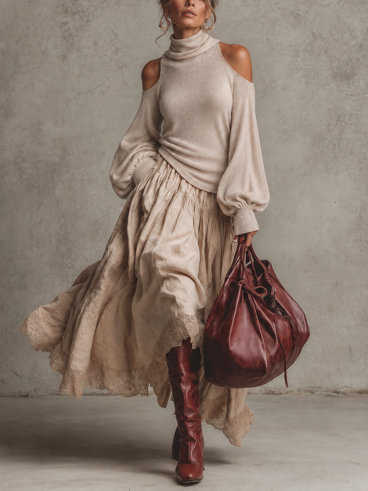 Beige Cold Shoulder Turtleneck Knit Top And Cotton Linen Lace Hem Skirt Set