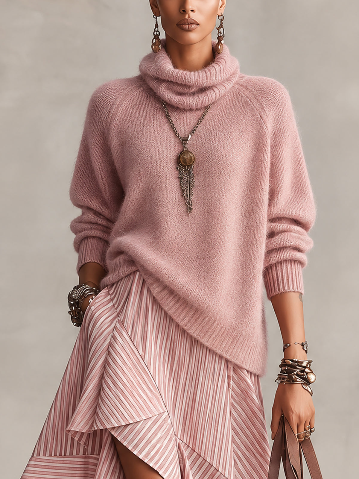 Pink Oversized Turtleneck Mohair Sweater And Striped Asymmetric Midi Skirt Set