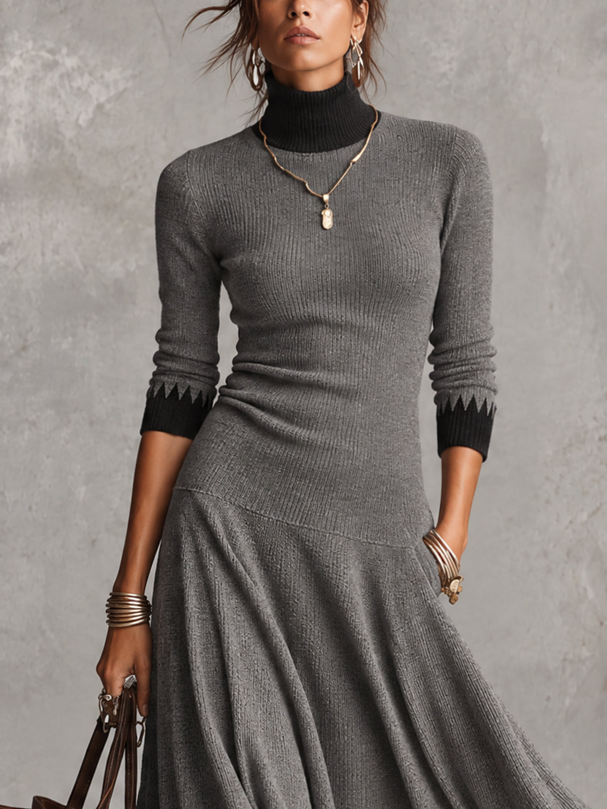Gray And Black Colorblock Zigzag Trim Turtleneck Knit Maxi Dress