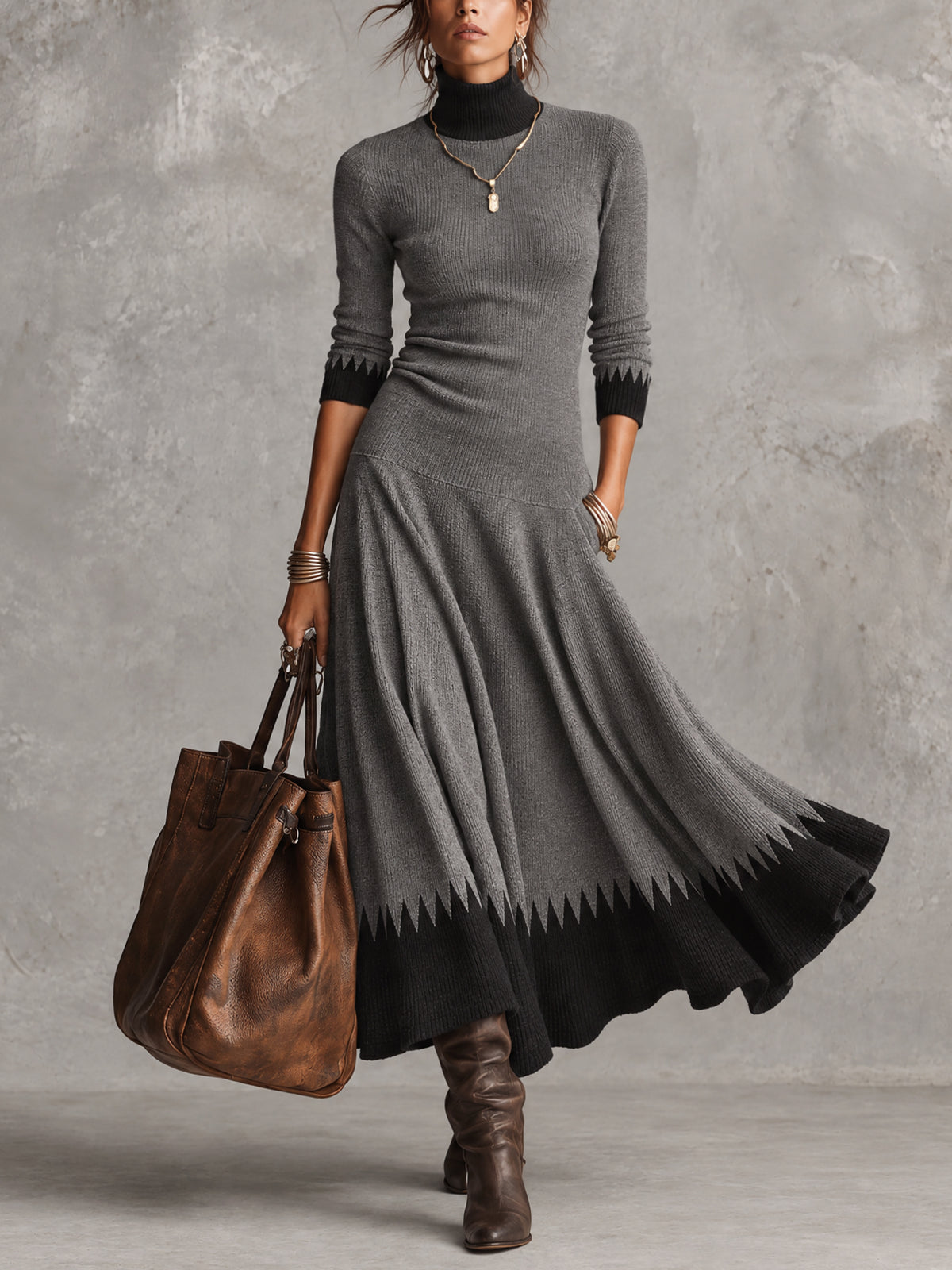 Gray And Black Colorblock Zigzag Trim Turtleneck Knit Maxi Dress