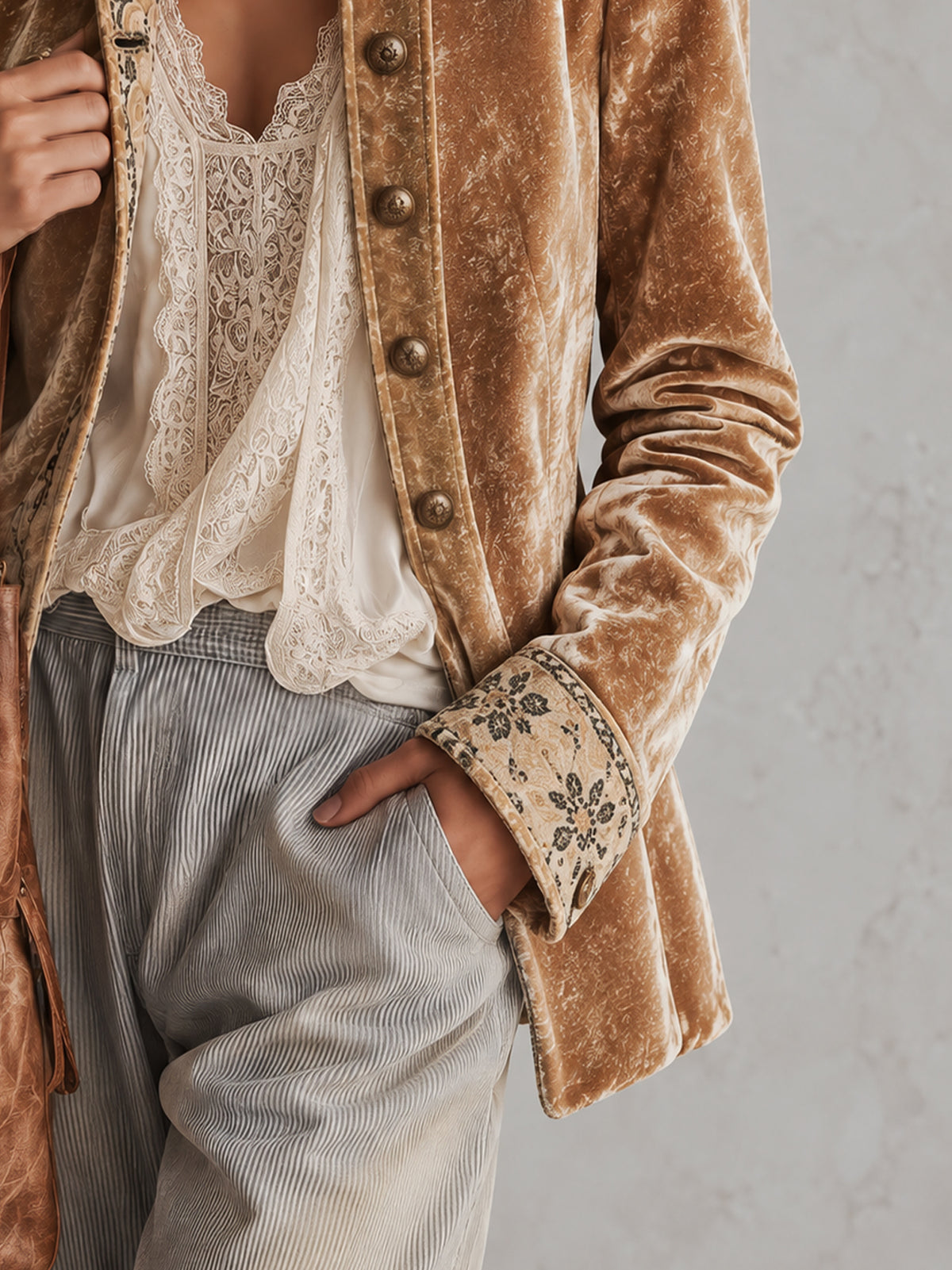 Golden Crushed Velvet Floral Print Trim Stand Collar Jacket