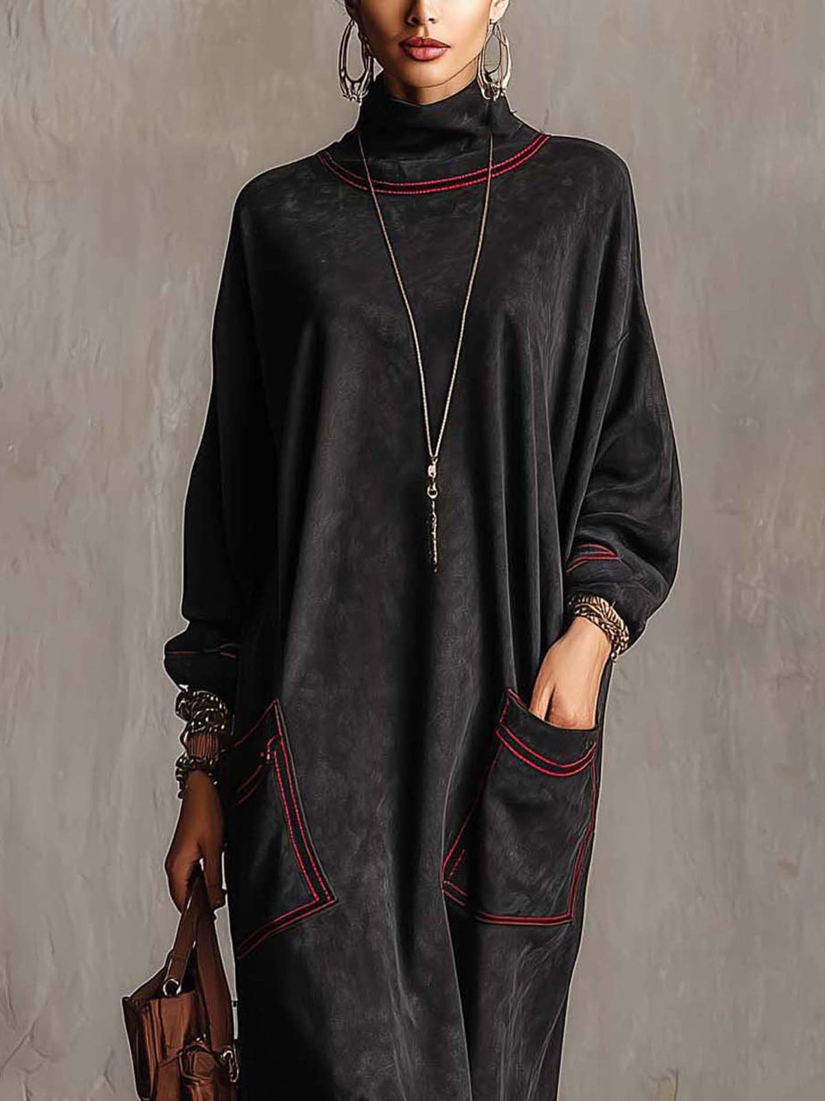 Black Faux Suede Maxi Dress With Red Contrast Stitching And Patch Pockets