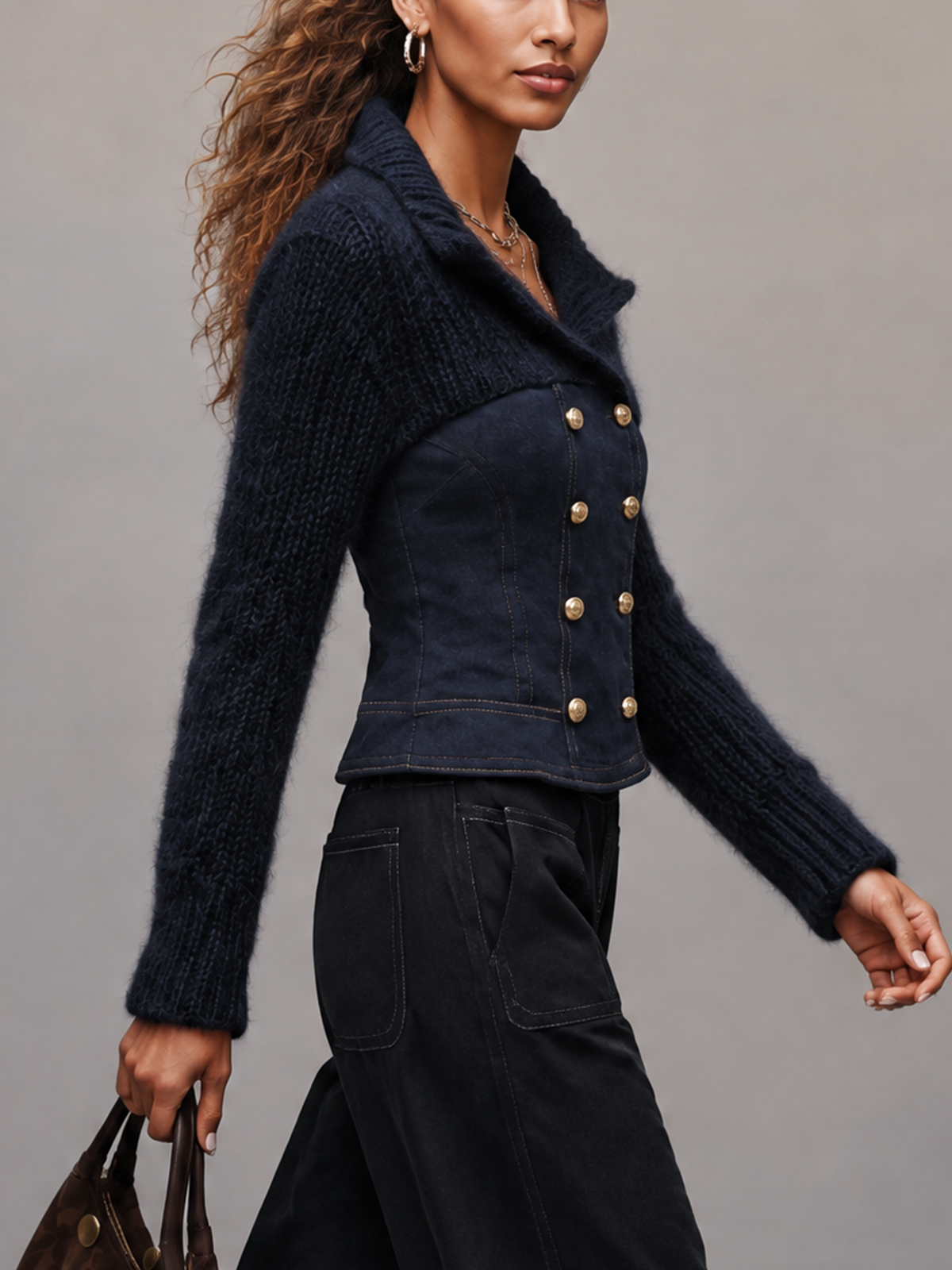 Navy Knit And Faux Suede Double Breasted Jacket