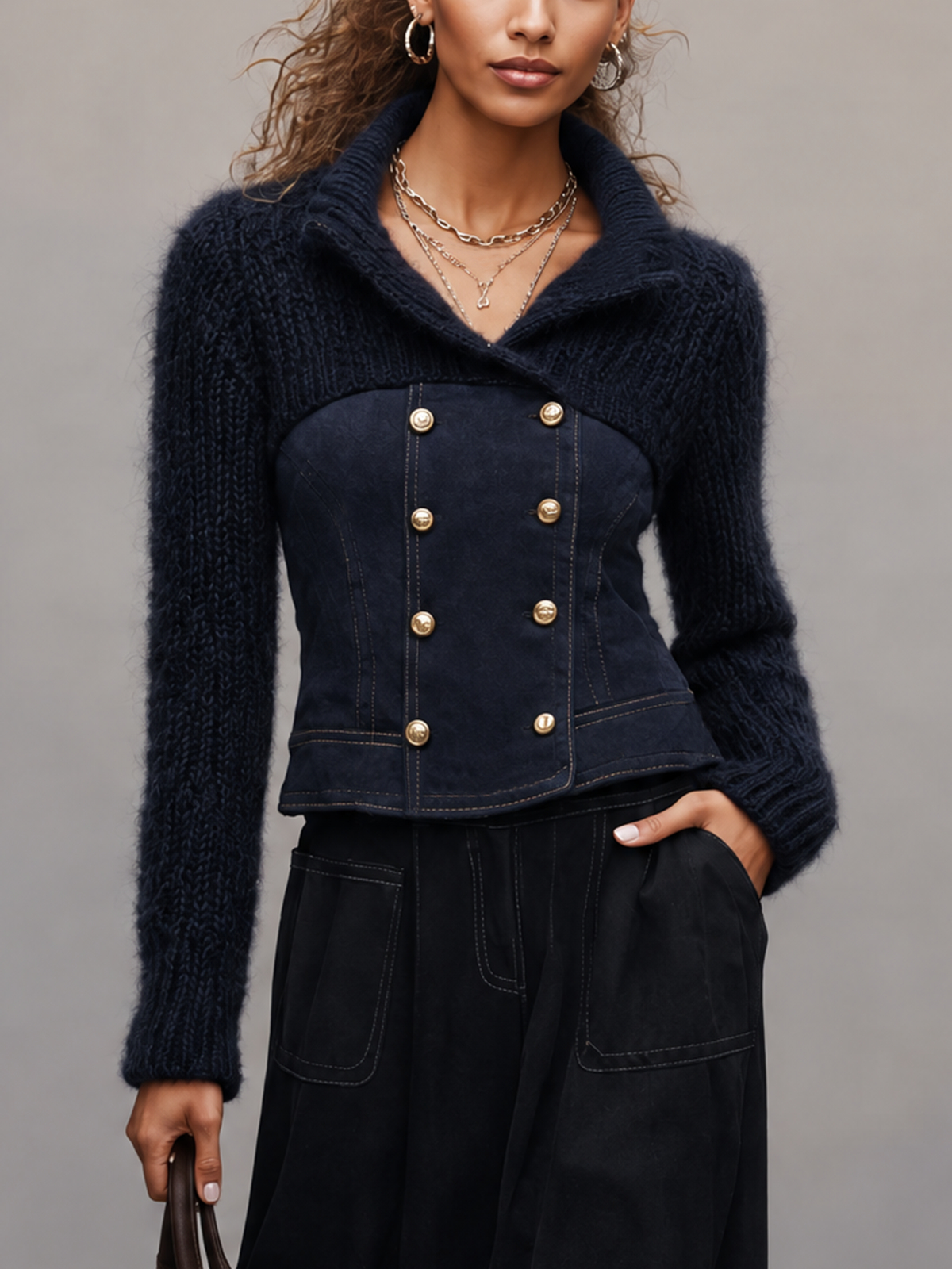 Navy Knit And Faux Suede Double Breasted Jacket