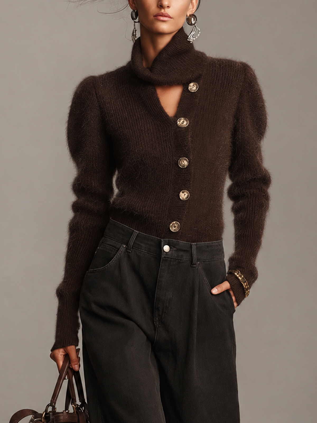 Dark Brown Fuzzy Turtleneck Knit Sweater