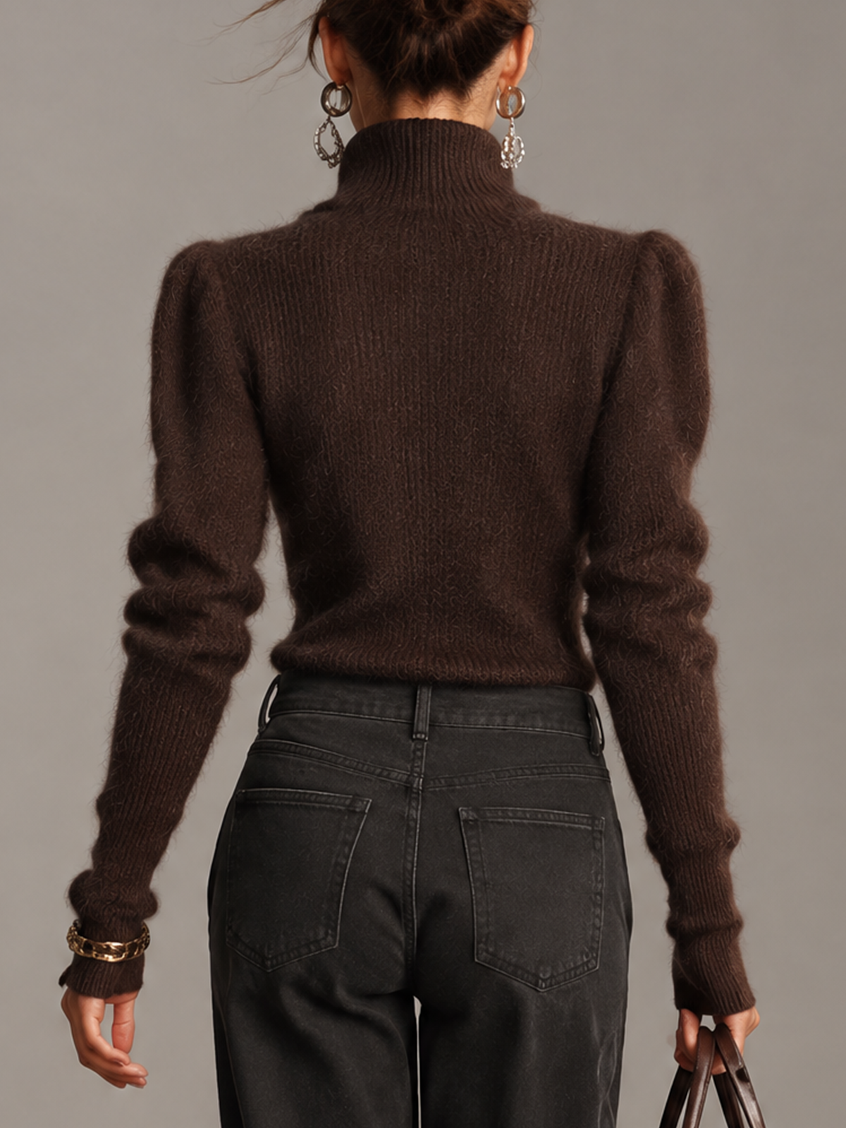 Dark Brown Fuzzy Turtleneck Knit Sweater