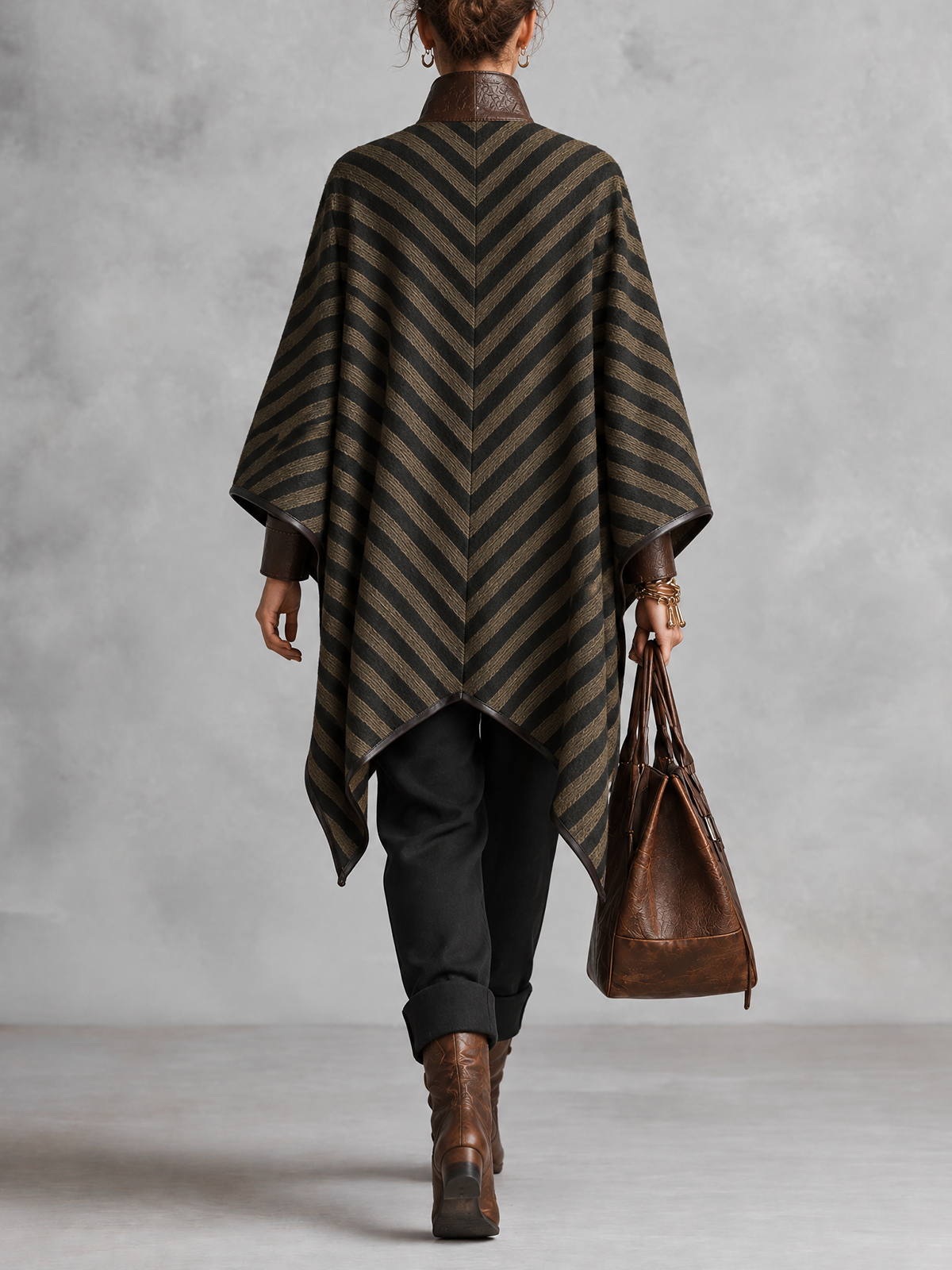 Brown Striped Blend Leather Trim Cape Coat