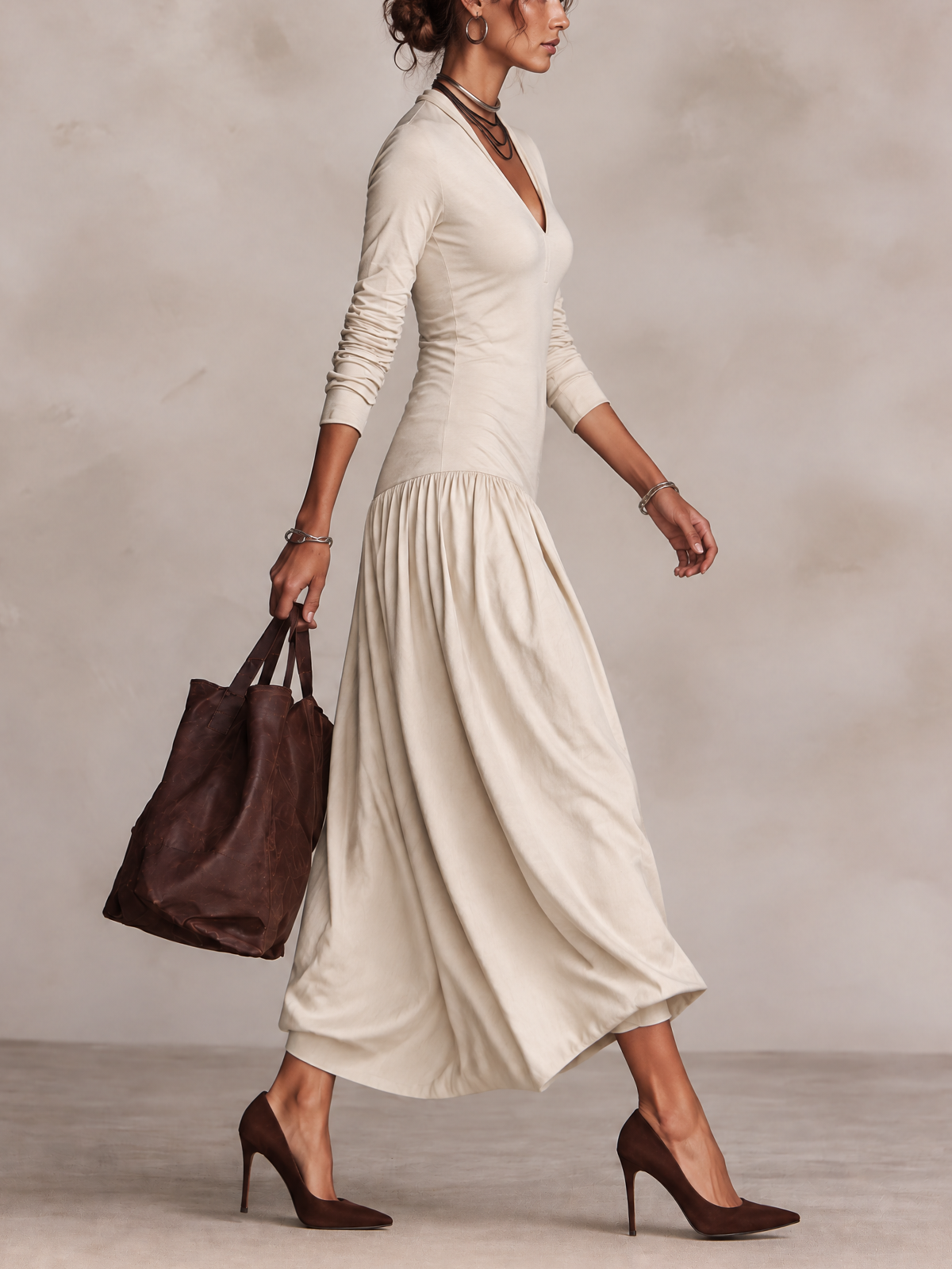 Cream Mixed Fabric V-Neck Long Sleeve Maxi Dress
