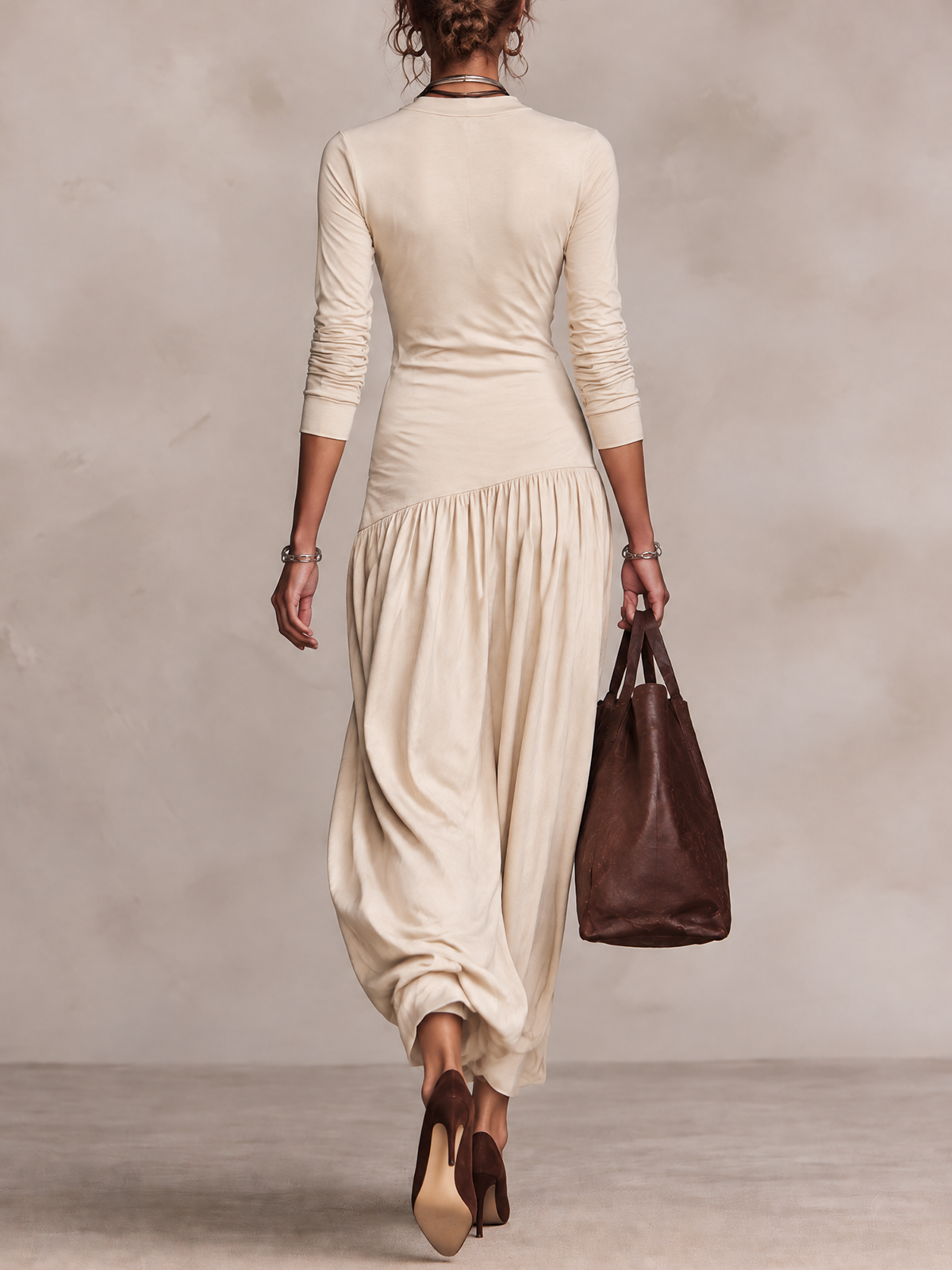Cream Mixed Fabric V-Neck Long Sleeve Maxi Dress
