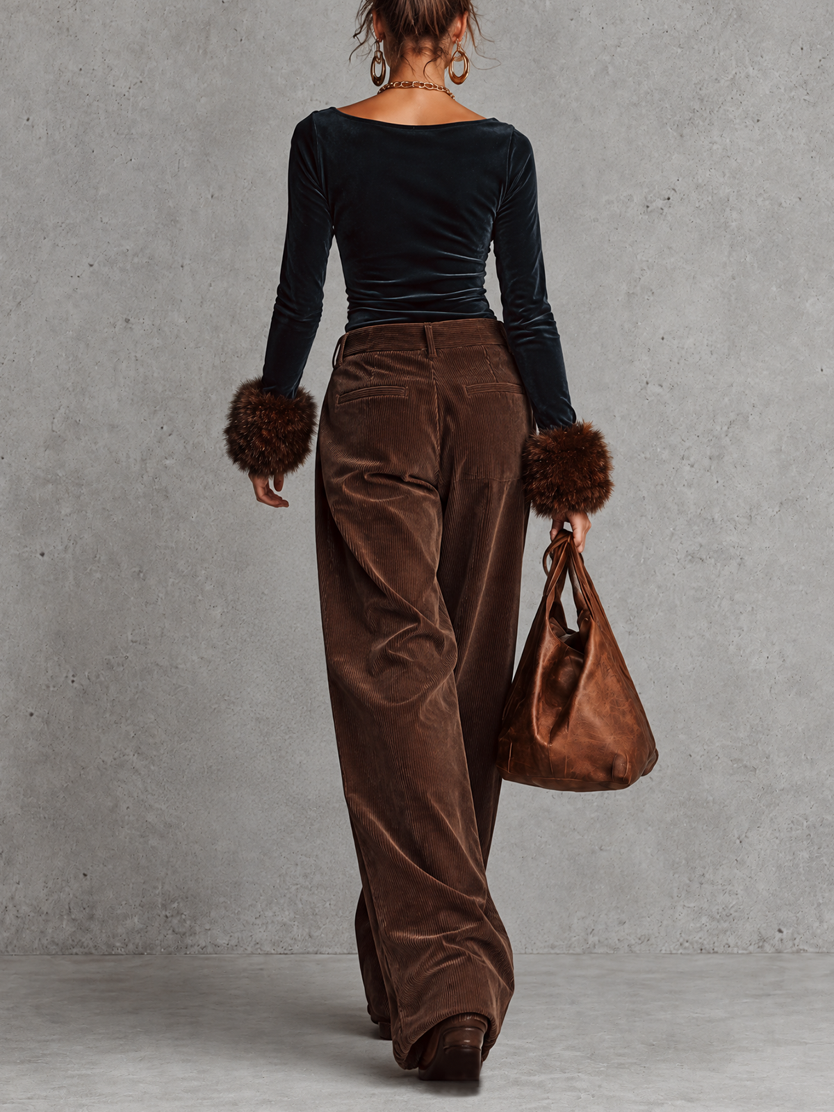 Dark Teal Velvet Faux Fur Cuff Top And Brown Corduroy Wide Leg Pant Set