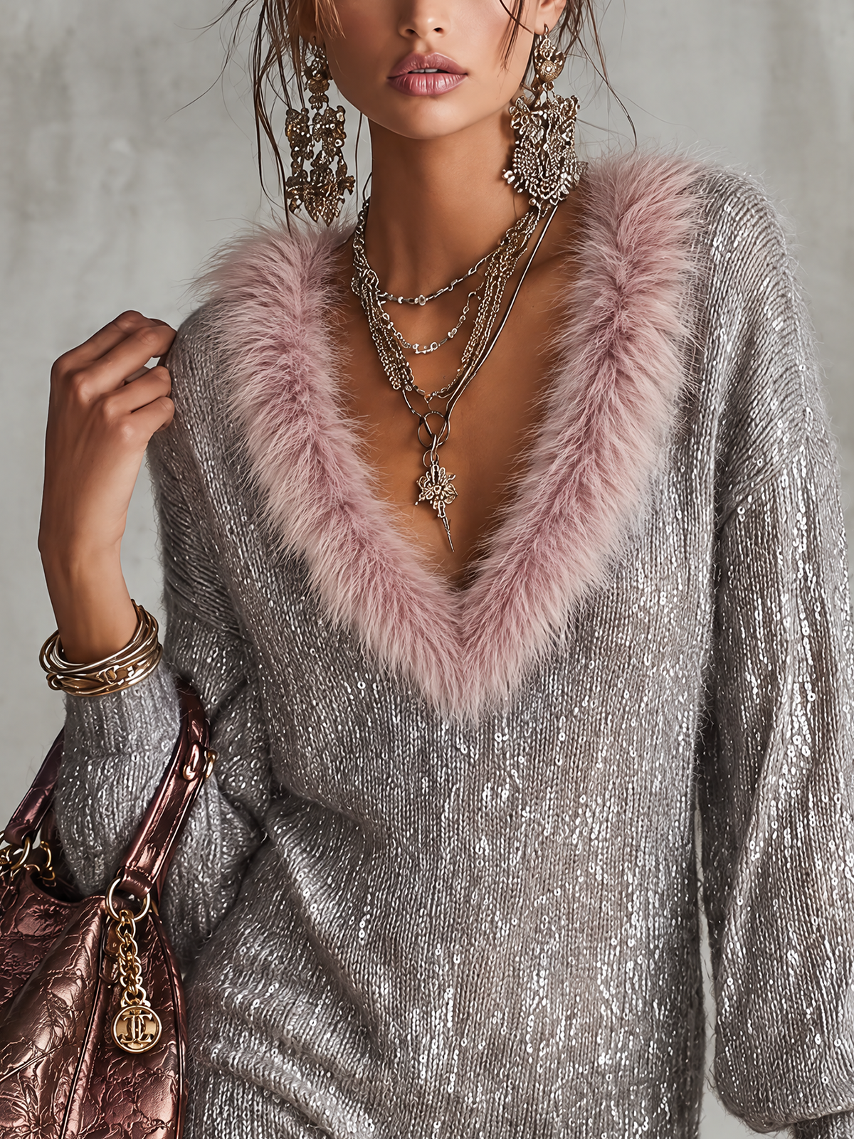 Silver Grey Sparkly Loose Knit Mini Dress With Pink Faux Fur Trim